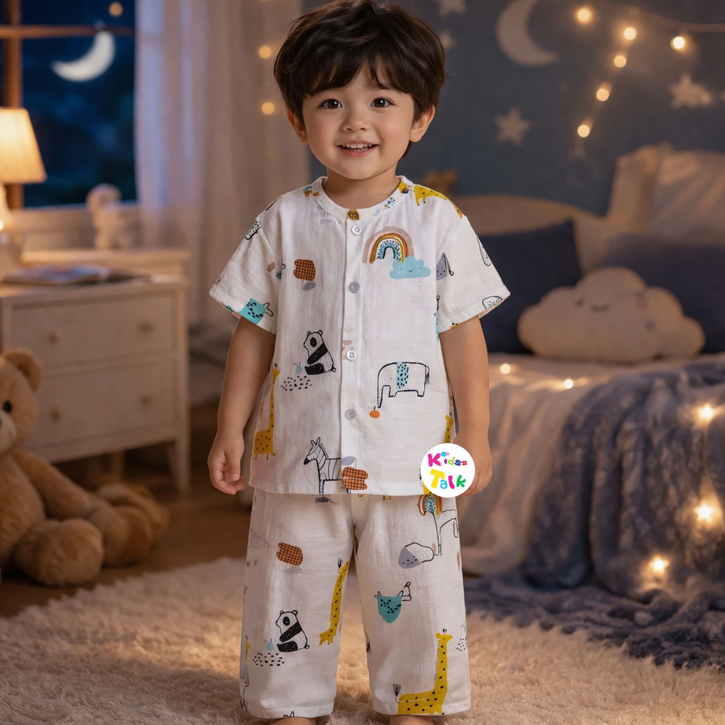 Muslin Half Sleeve Night Suit With Cute Print - White