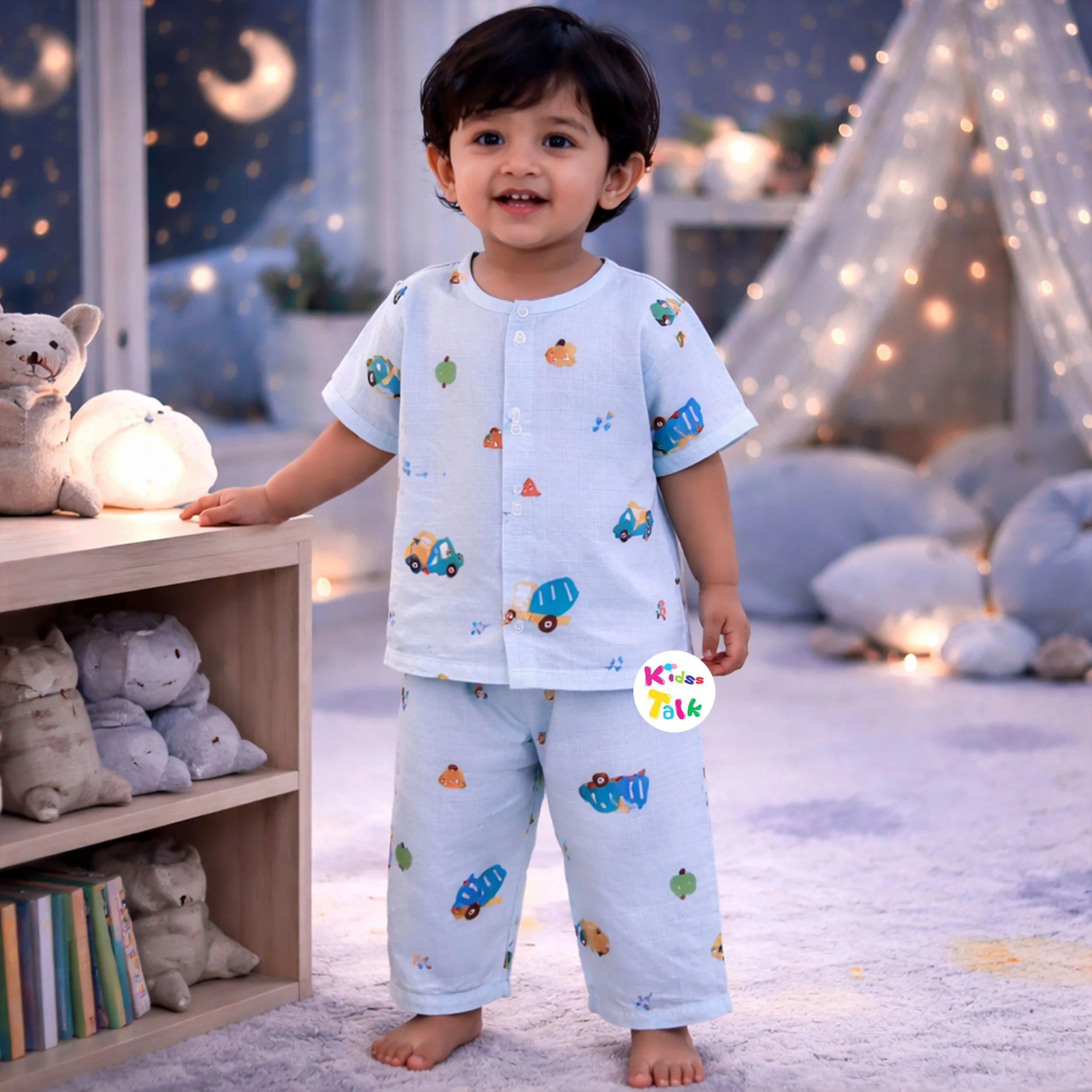 Muslin Half Sleeve Night Suit With Cute Print - Ice Blue