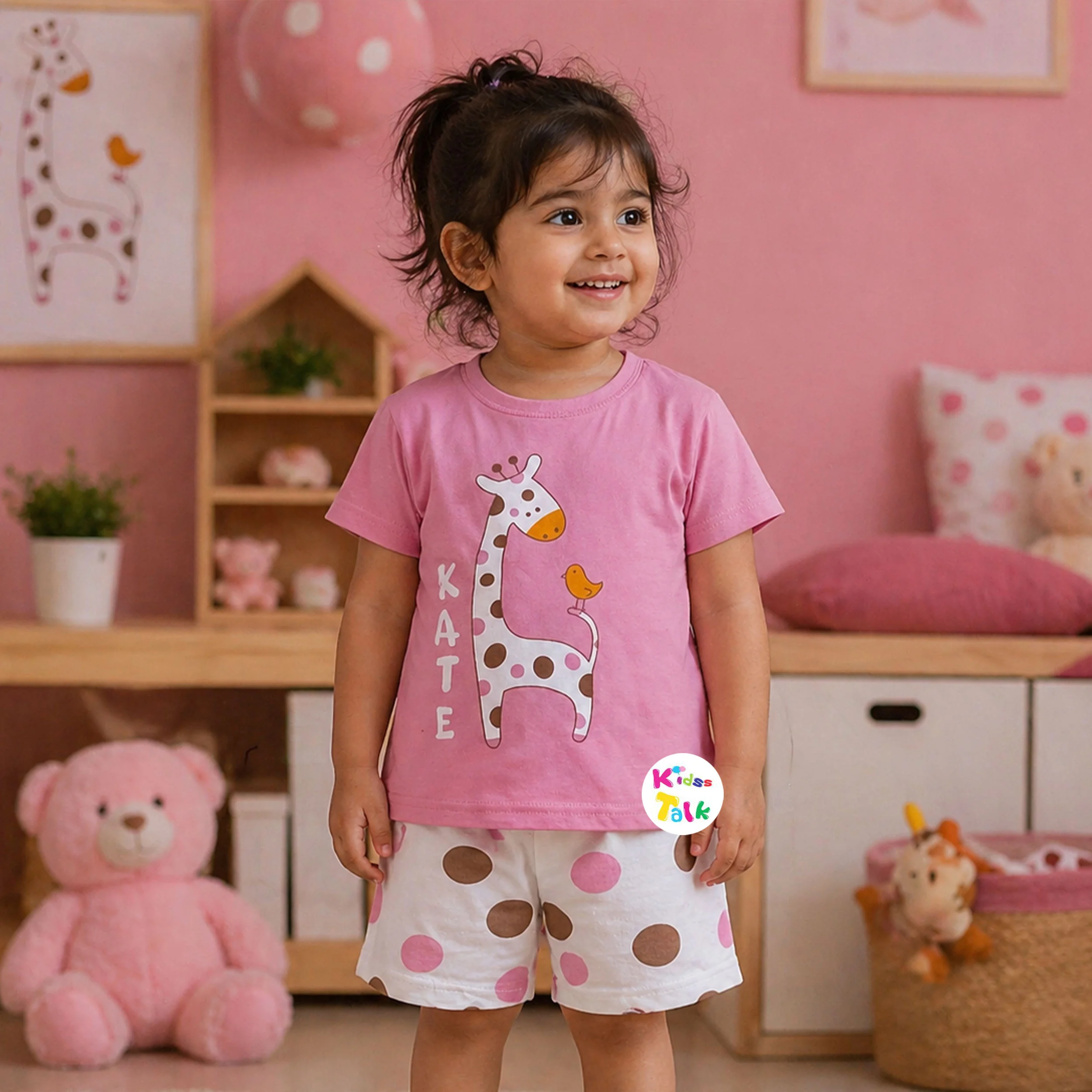 Cotton Knitted Half Sleeve T-shirt Set With Cute Print -baby Pink