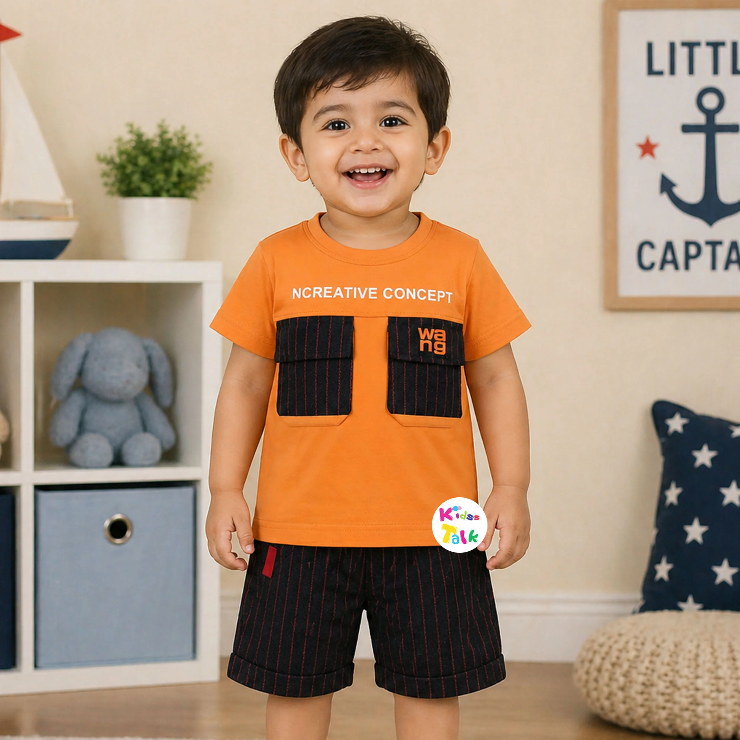 Cotton Knitted Half Sleeve T-shirt Set With Cute Print -orange