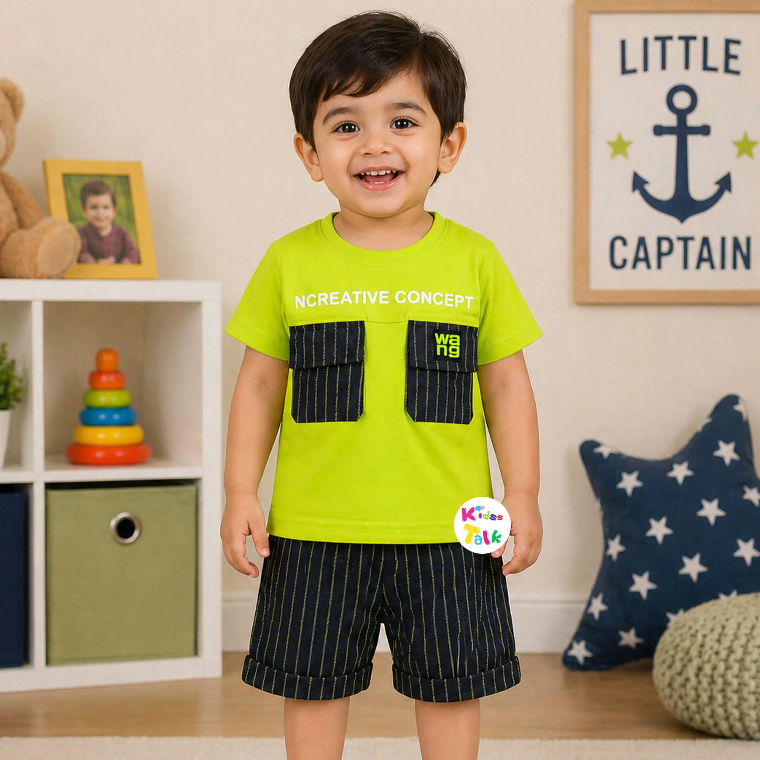 Cotton Knitted Half Sleeve T-shirt Set With Cute Print -pista Green