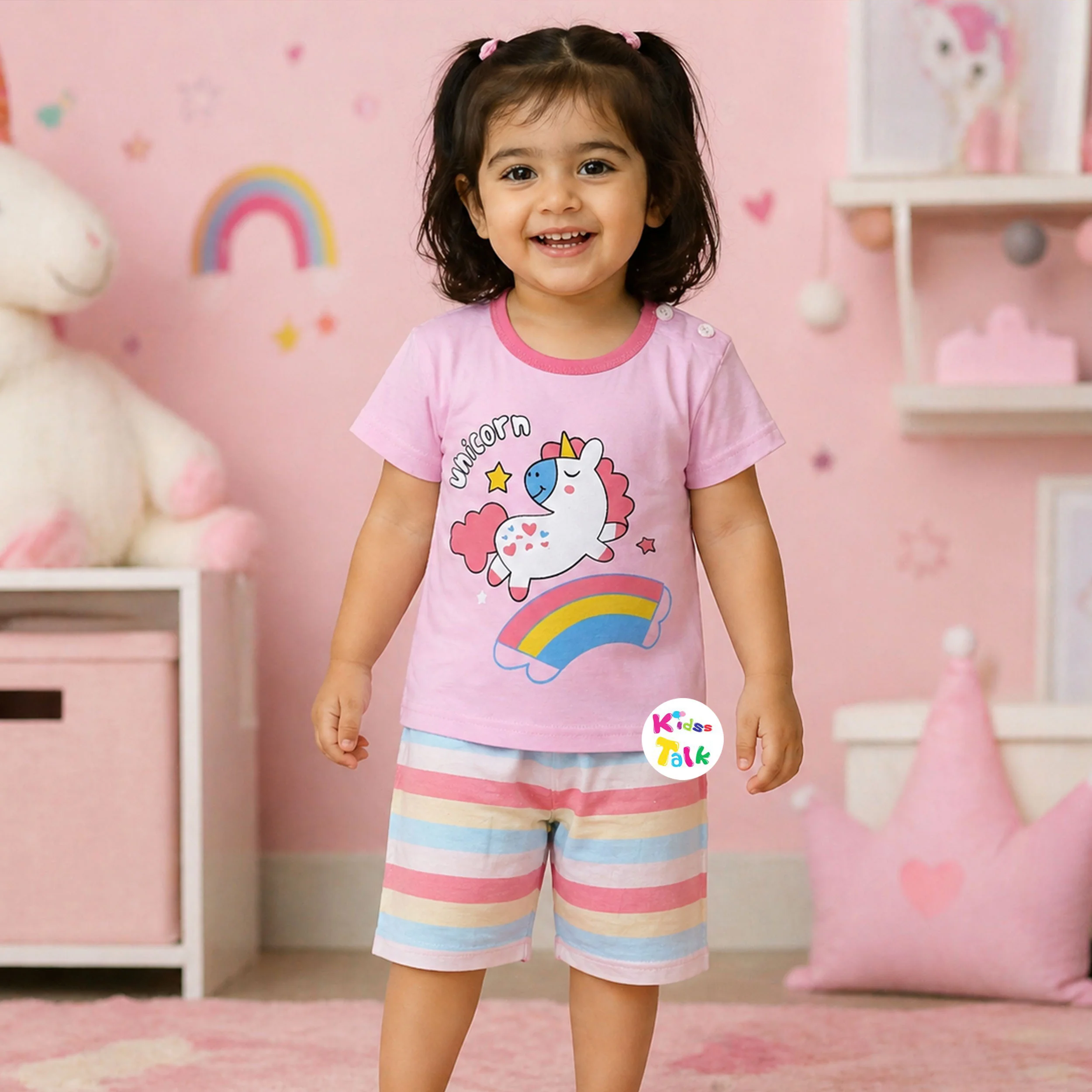 Cotton Knitted Half Sleeve T-shirt Set With Cute Print -baby Pink