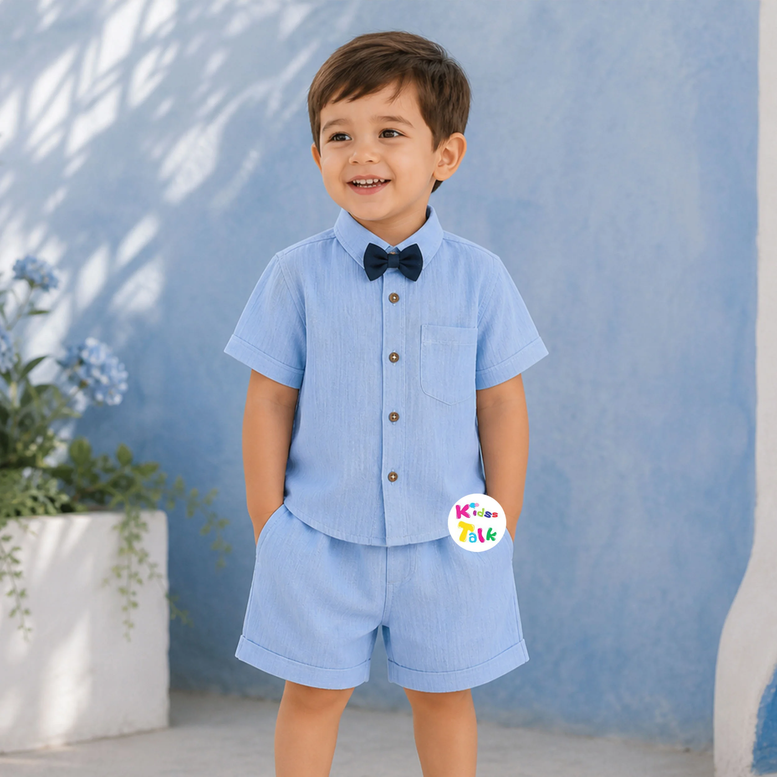 Muslin Half Sleeve Bow Shirt & Half Pant - Ice Blue