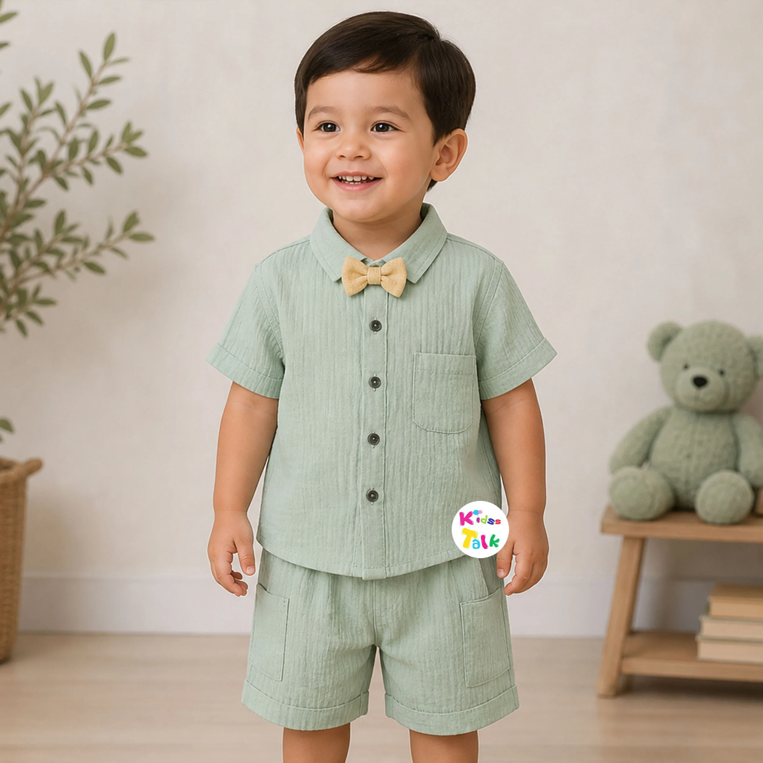 Muslin Half Sleeve Bow Shirt & Half Pant - Olive Green