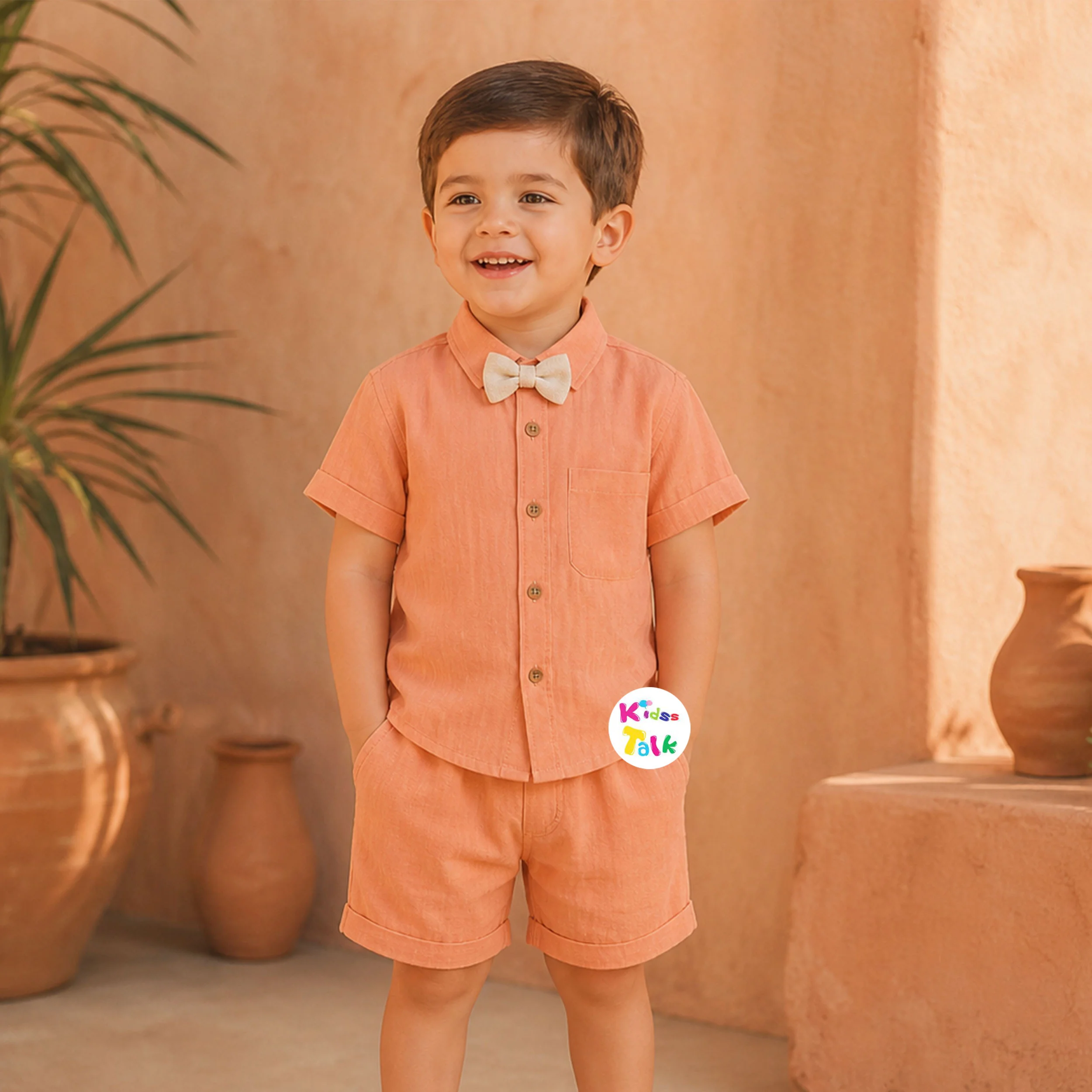 Muslin Half Sleeve Bow Shirt & Half Pant - Orange