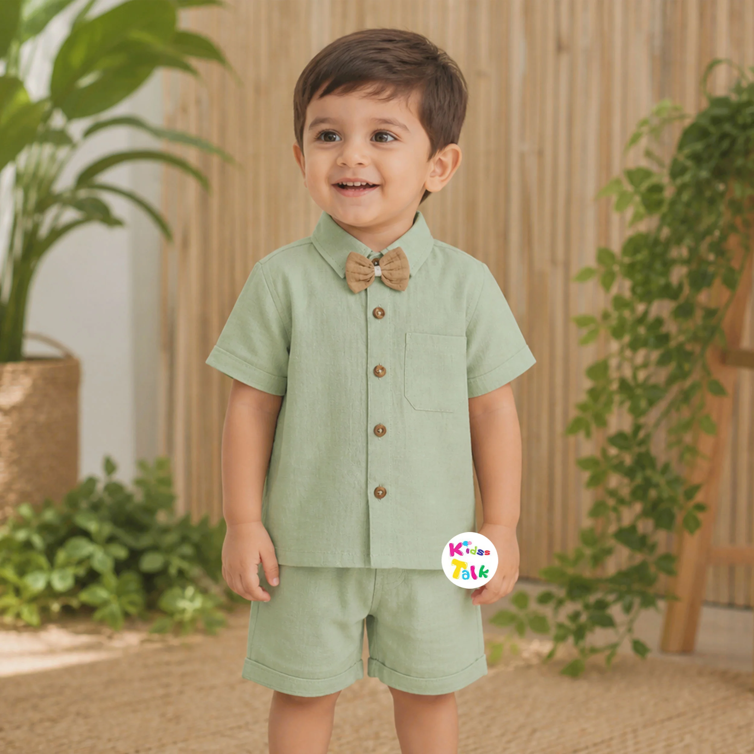 Muslin Half Sleeve Bow Shirt & Half Pant - Green