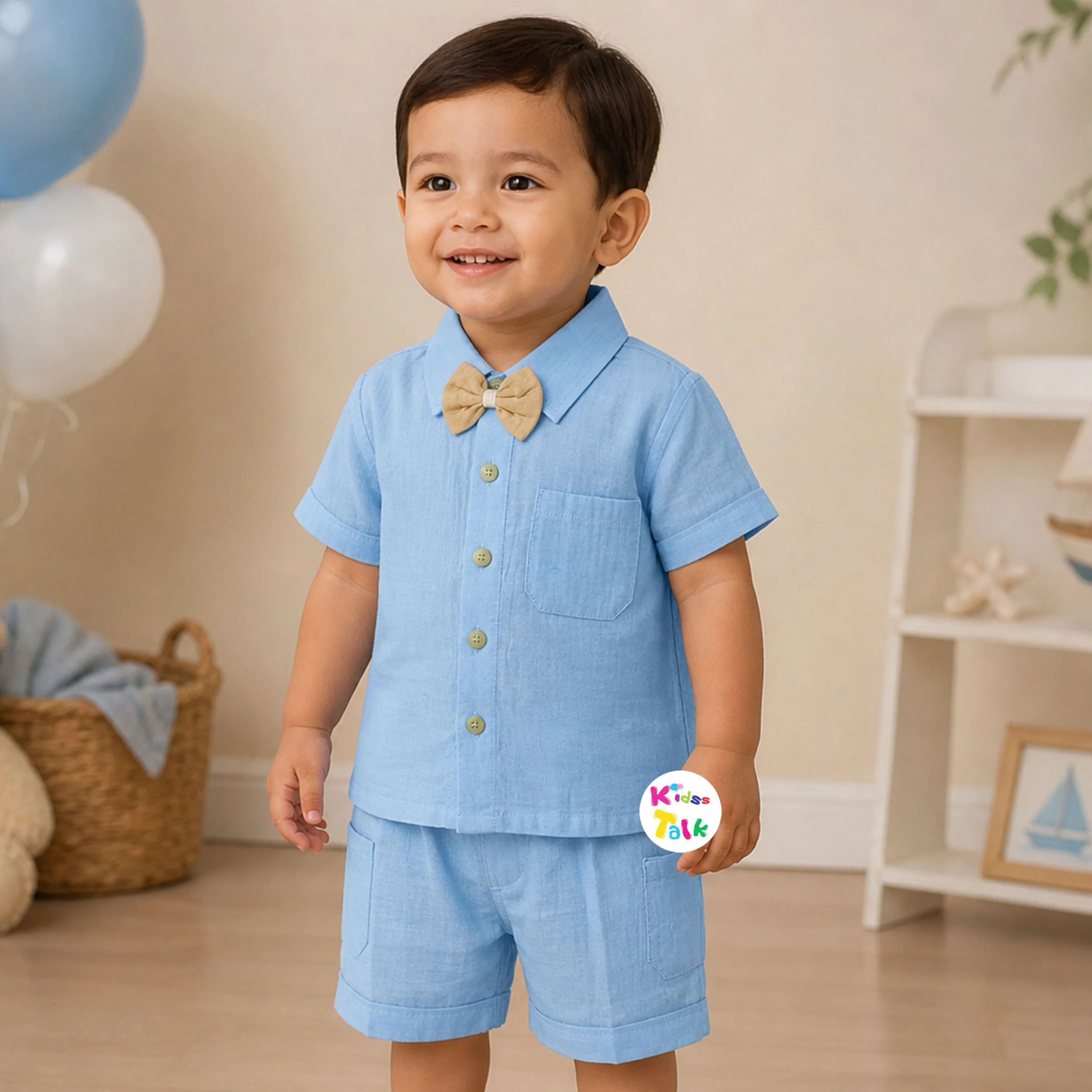 Muslin Half Sleeve Bow Shirt & Half Pant - Turquoise