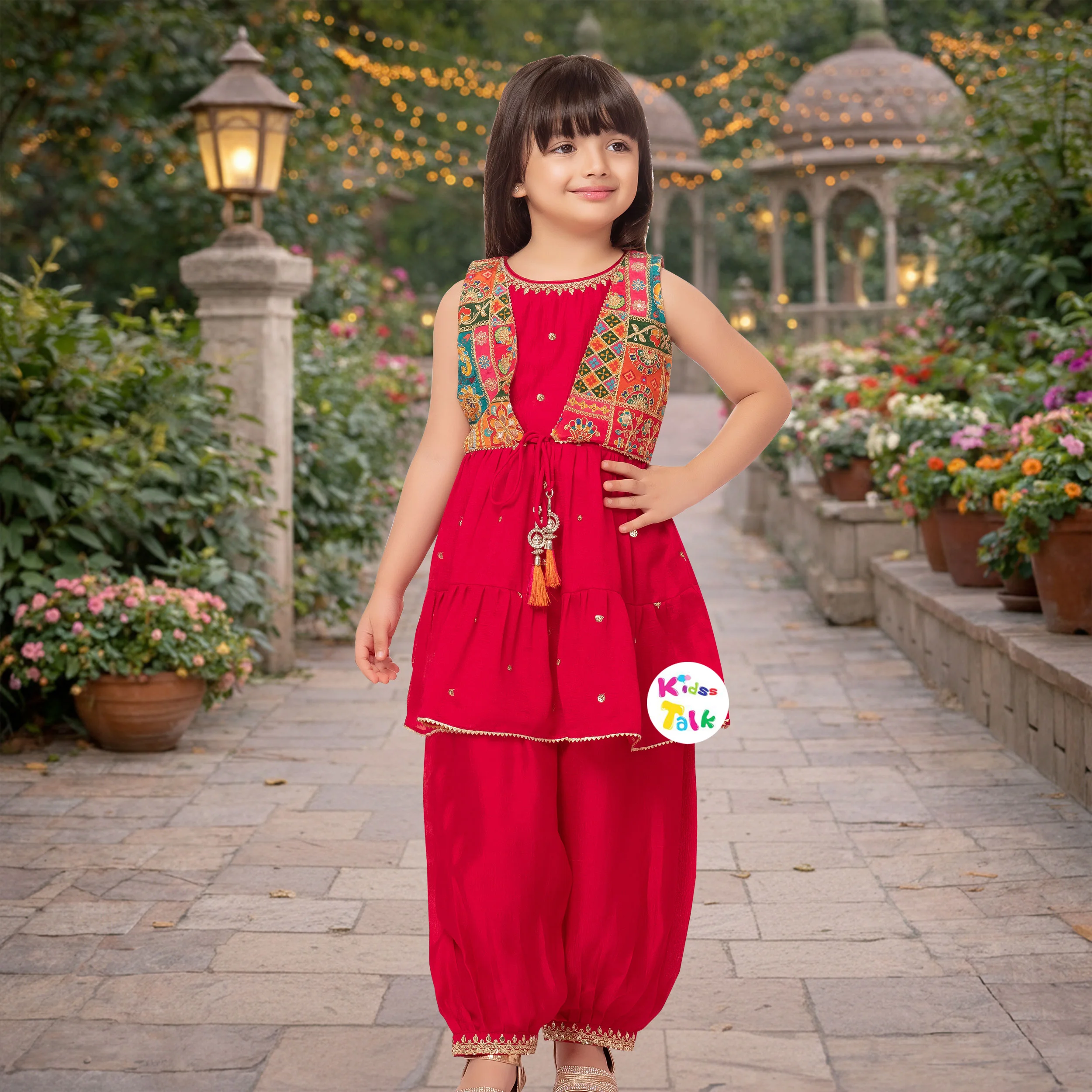 Georgette Zardhosi Worked Sleeveless Kurta With Salwar & Dupatta - Hot Pink