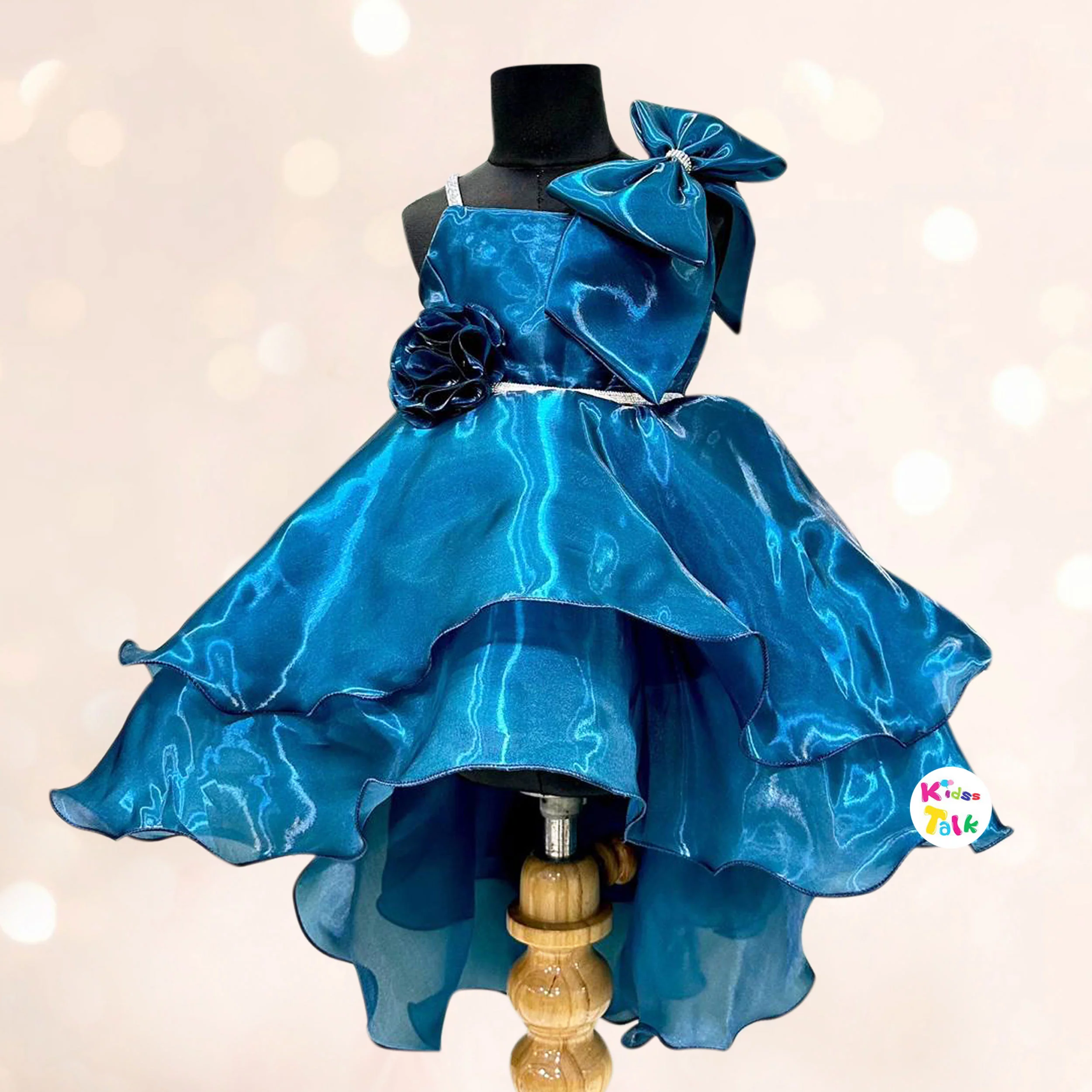 Satin Sleeveless Party Frock With Flower Applique - Teal Blue