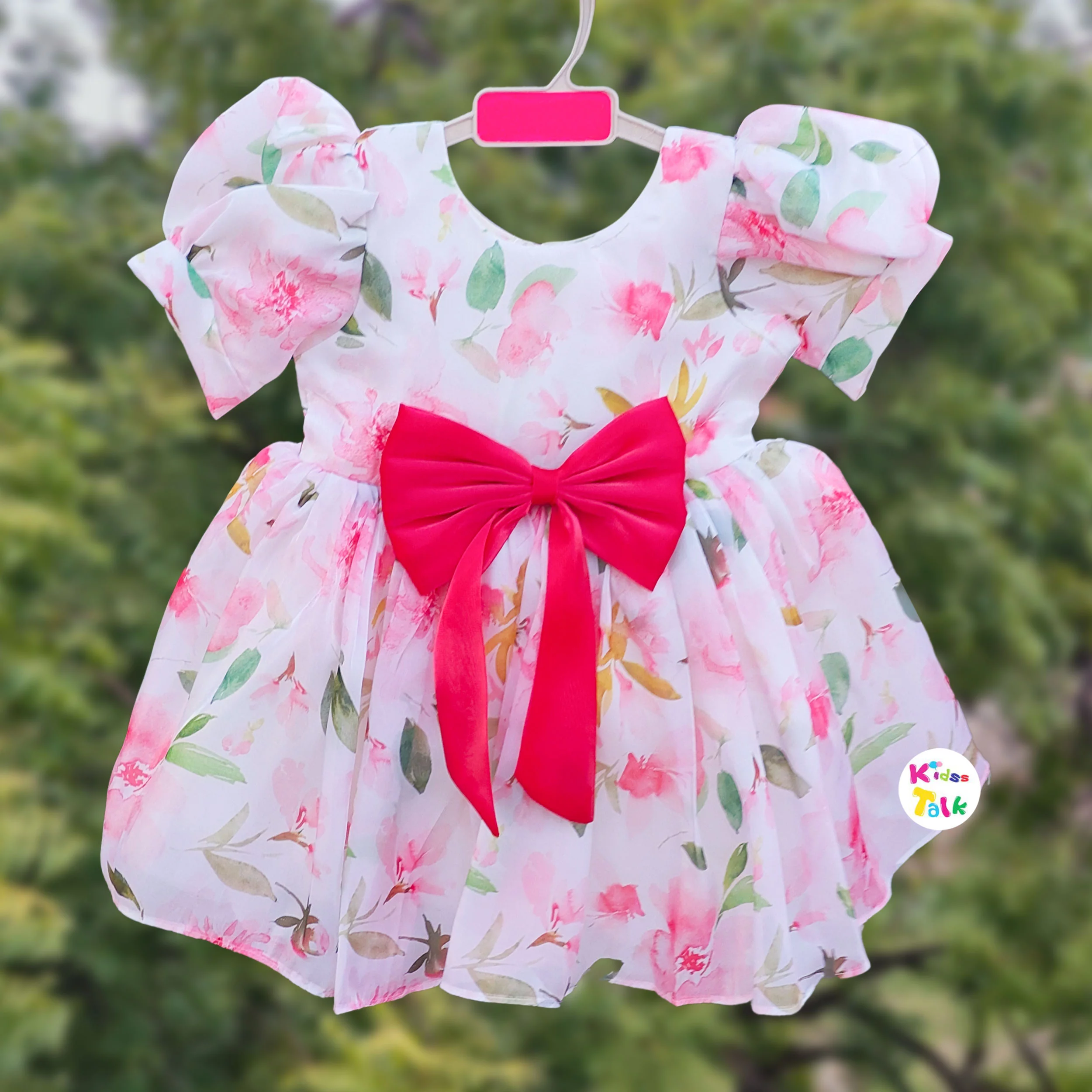 Soft Satin Half Sleeve Party Frock With Bow Applique - Cream