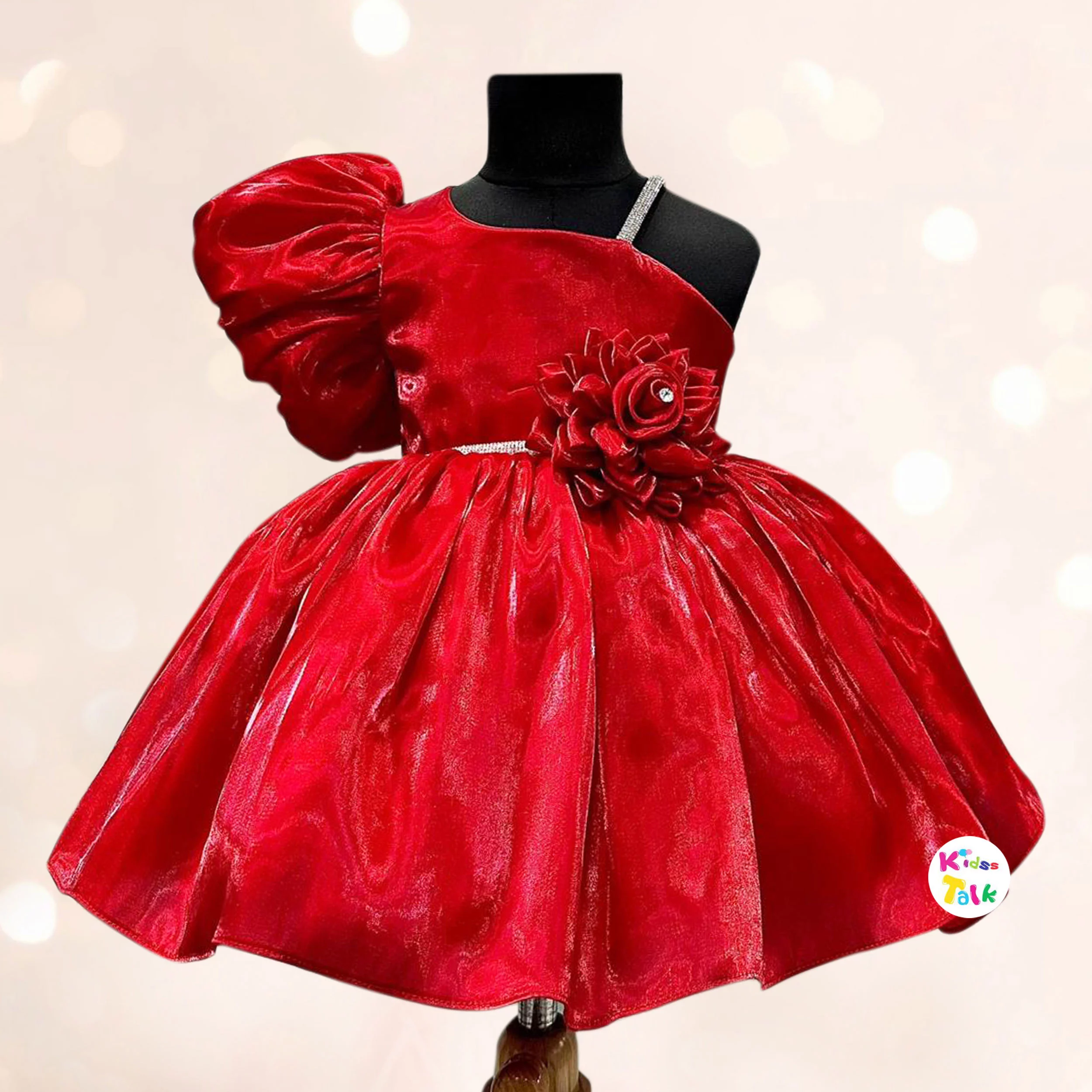 Satin Sleeveless Party Frock With Flower Applique - Red