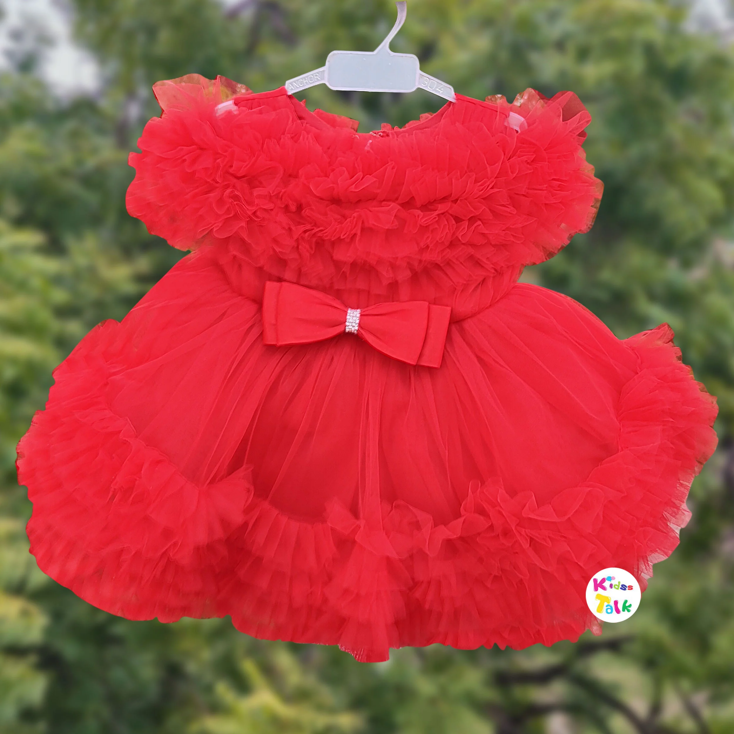 Net Sleeveless Party Frock With Bow Applique - Red