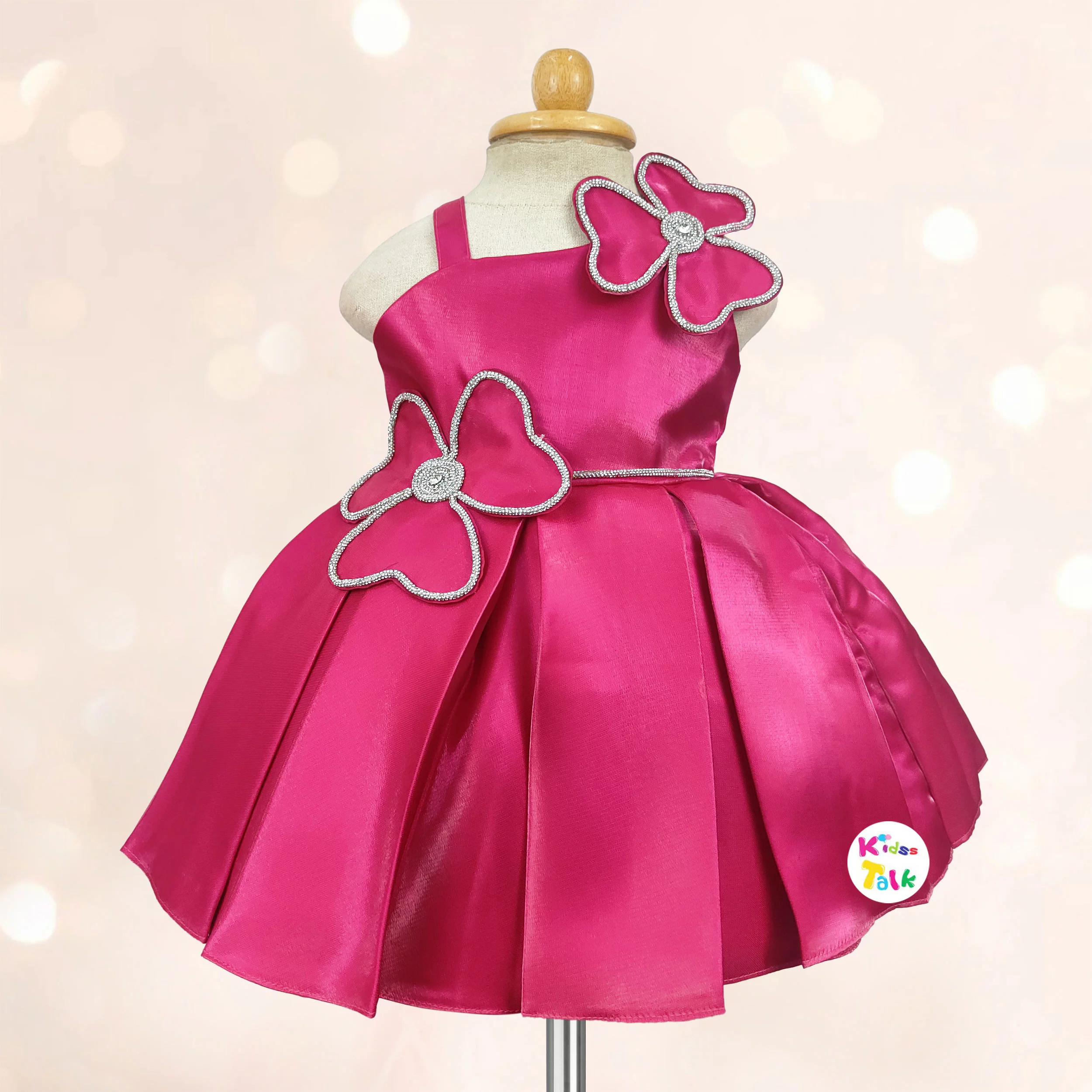 Satin Sleeveless Party Frock With Flower Applique - Hot Pink
