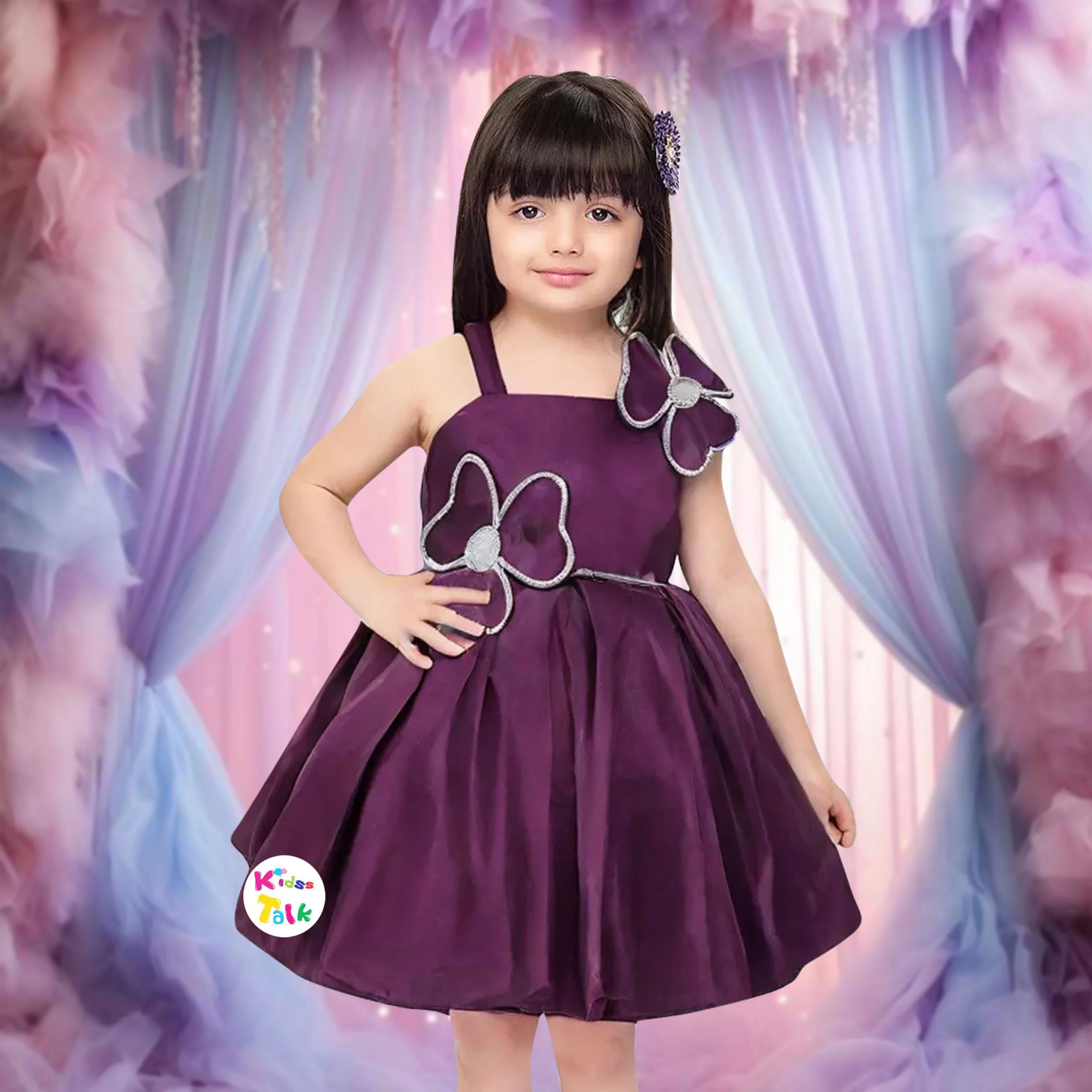 Satin Sleeveless Party Frock With Flower Applique - Wine