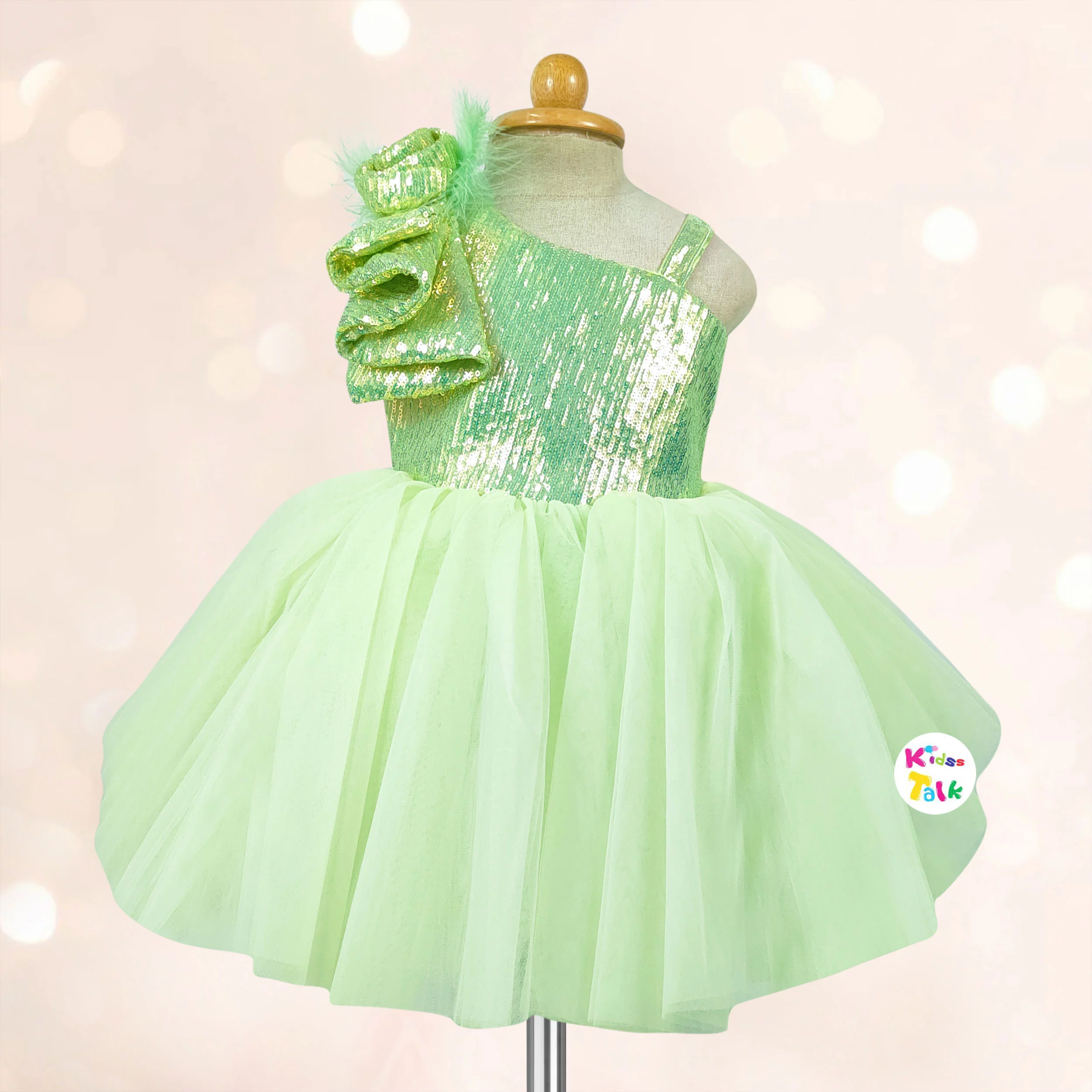 Net Sleeveless Party Frock With Flower Applique - Pista Green