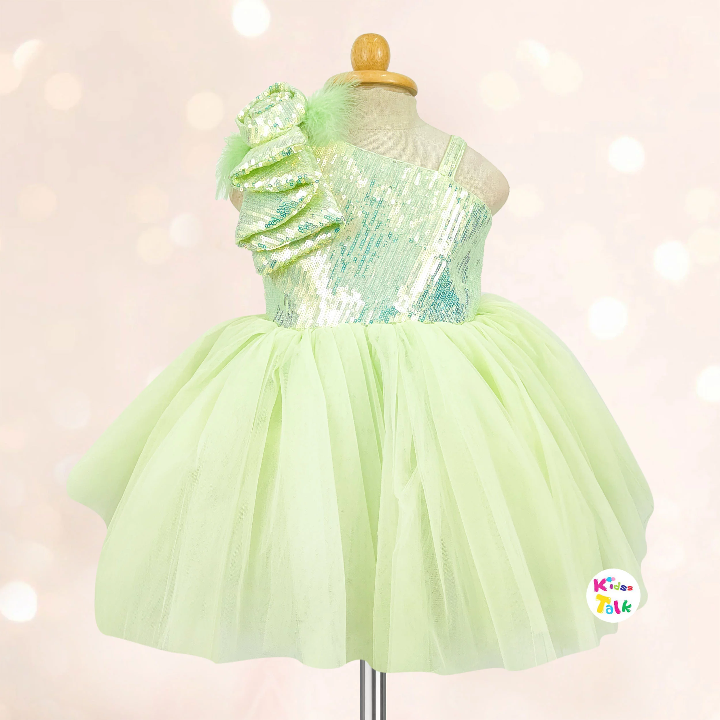 Satin Sleeveless Party Frock With Flower Applique - Pista Green