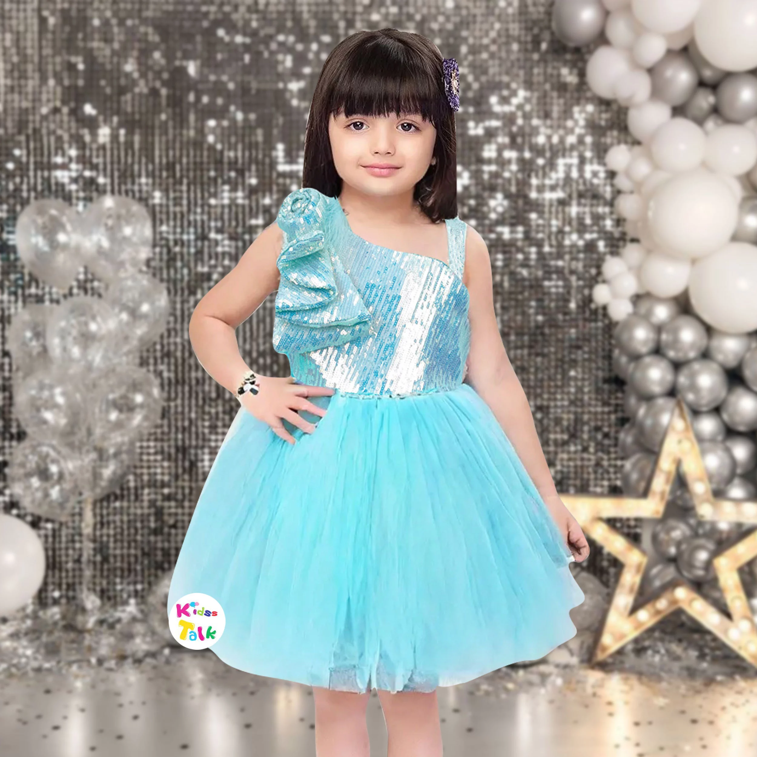 Satin Sleeveless Party Frock With Flower Applique - Ice Blue