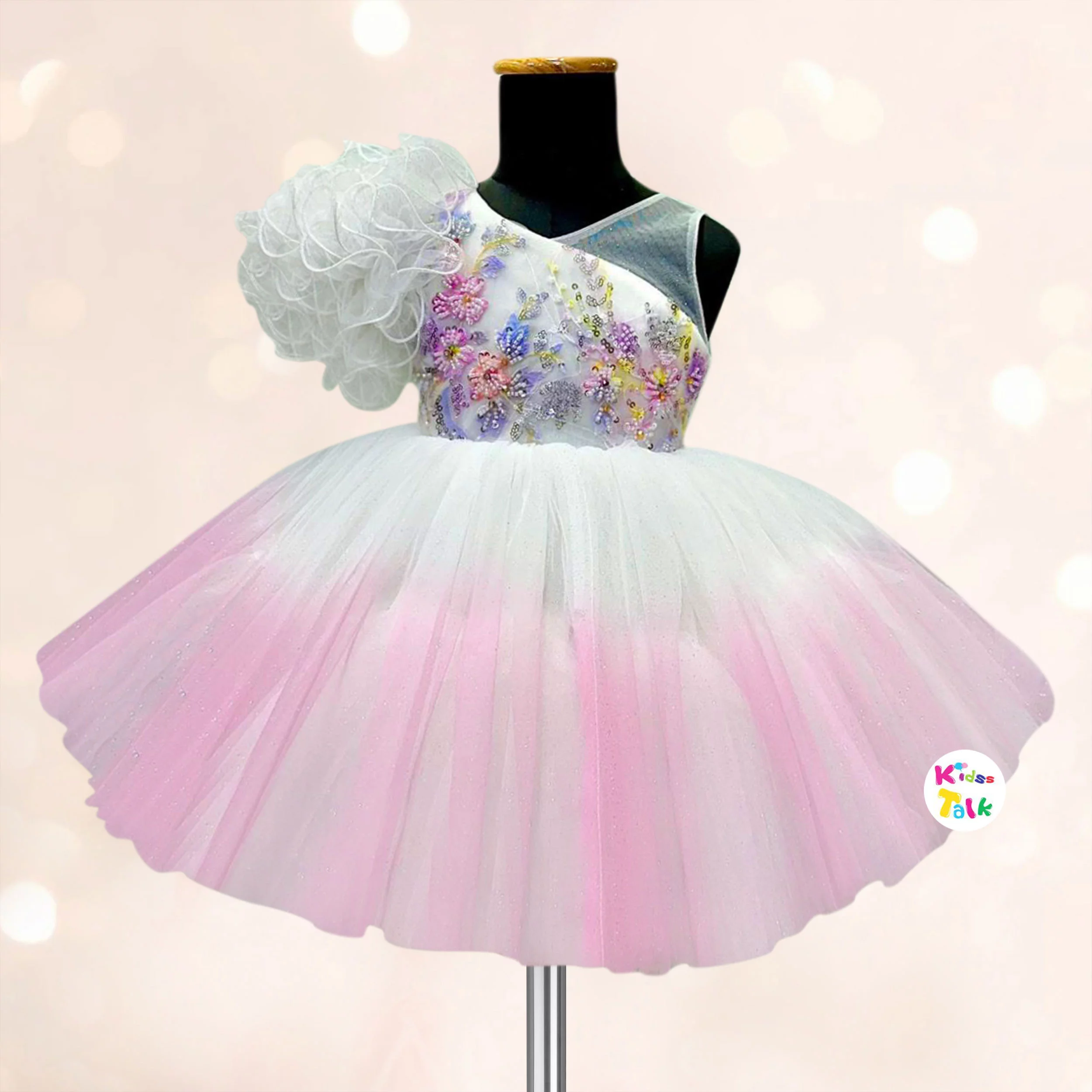 Net Sleeveless Party Frock With Sequins Work - Baby Pink