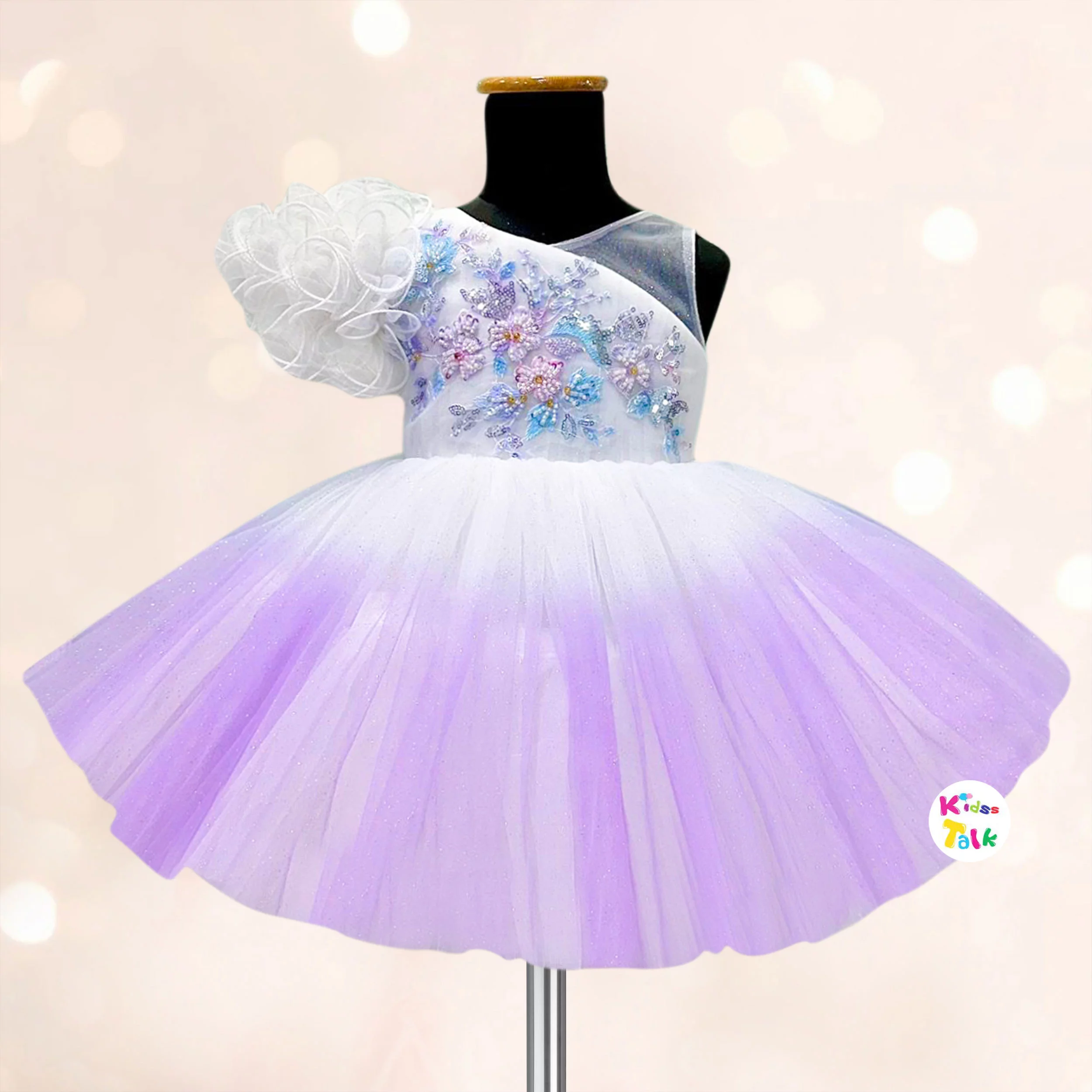 Net Sleeveless Party Frock With Sequins Work - Lavender