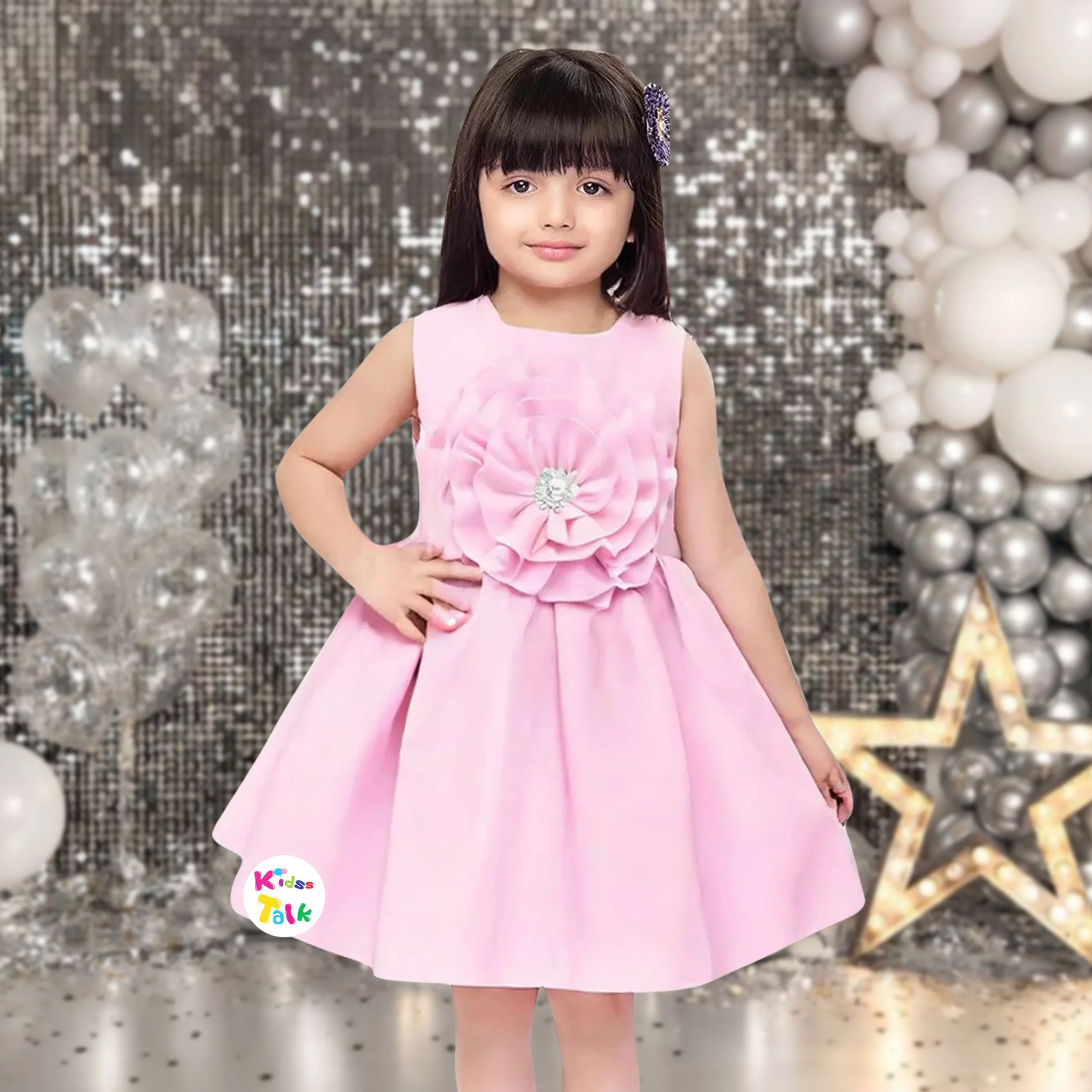Scuba Sleeveless Party Frock With Flower Applique - Baby Pink