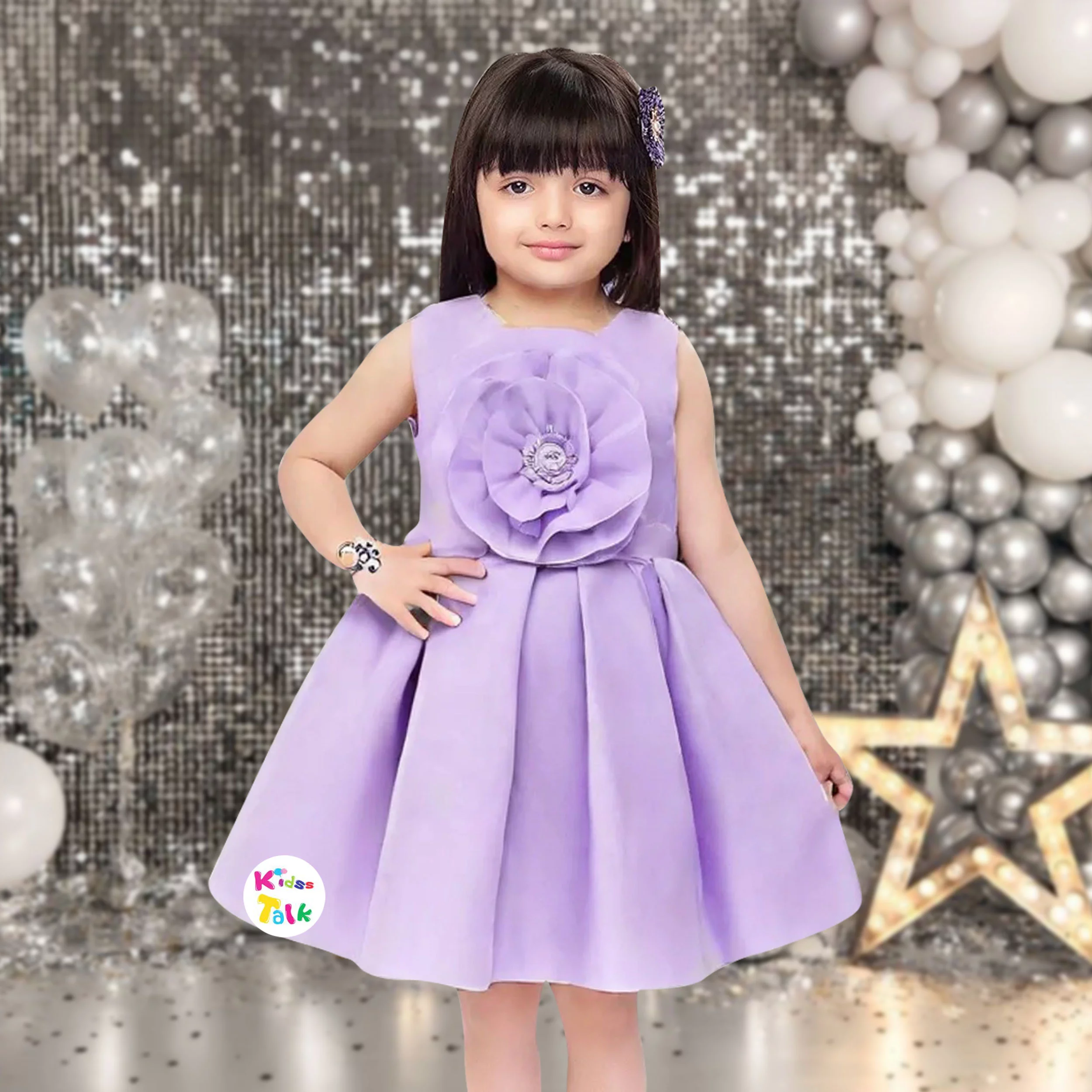 Scuba Sleeveless Party Frock With Flower Applique - Lavender