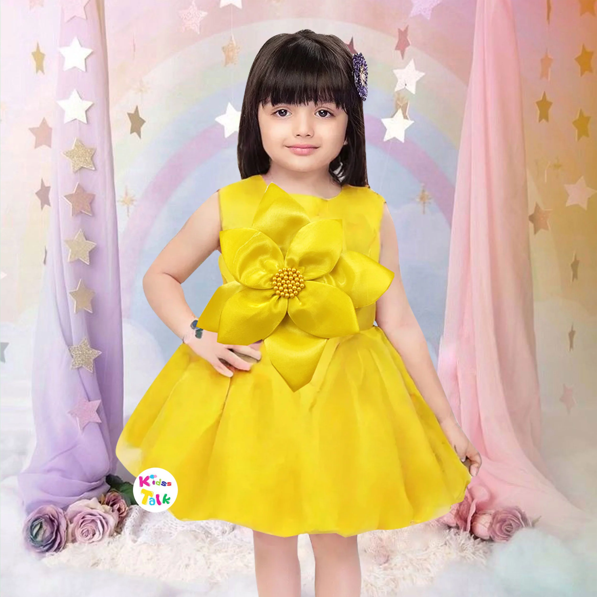 Satin Sleeveless Party Frock With Flower Applique - Golden