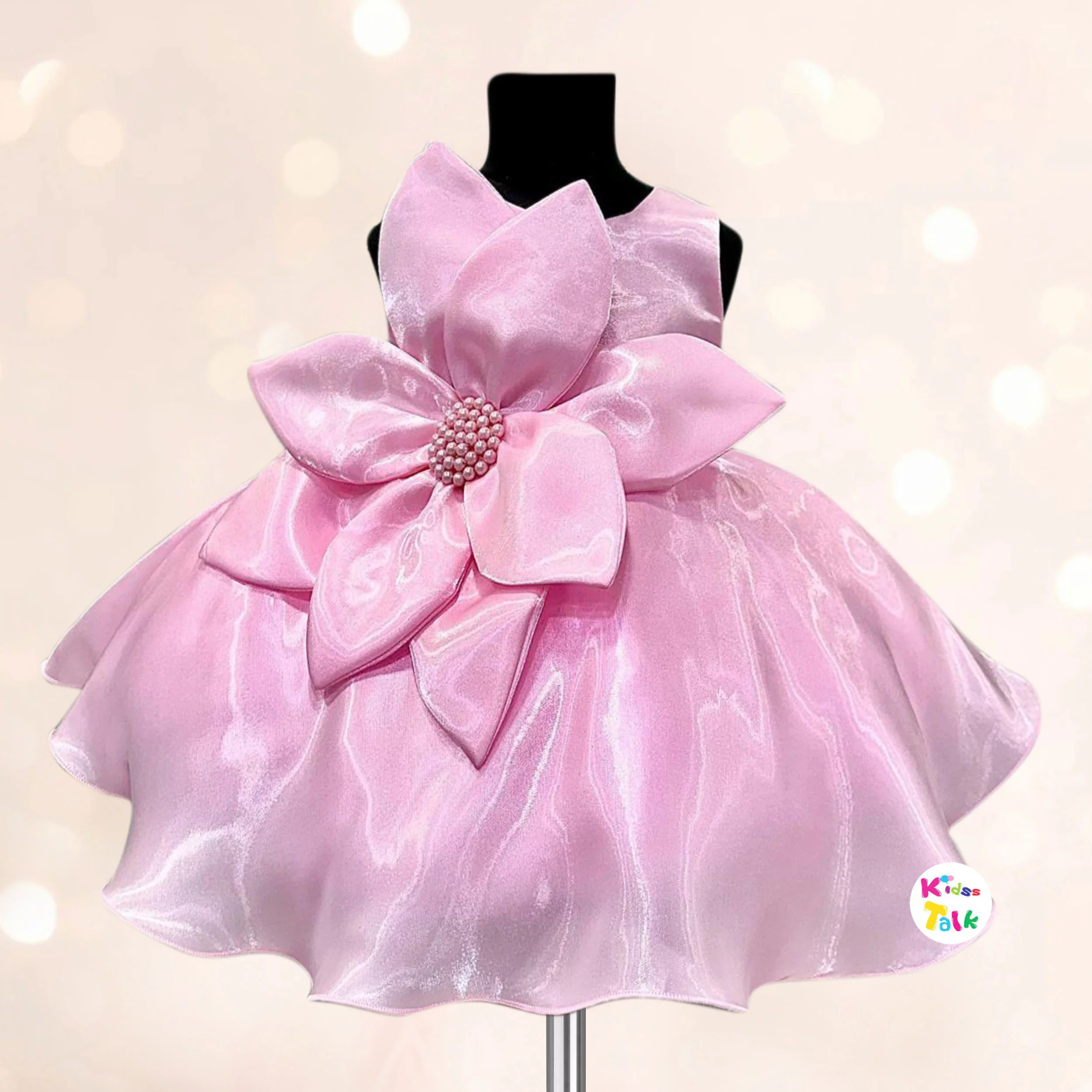 Satin Sleeveless Party Frock With Flower Applique - Baby Pink