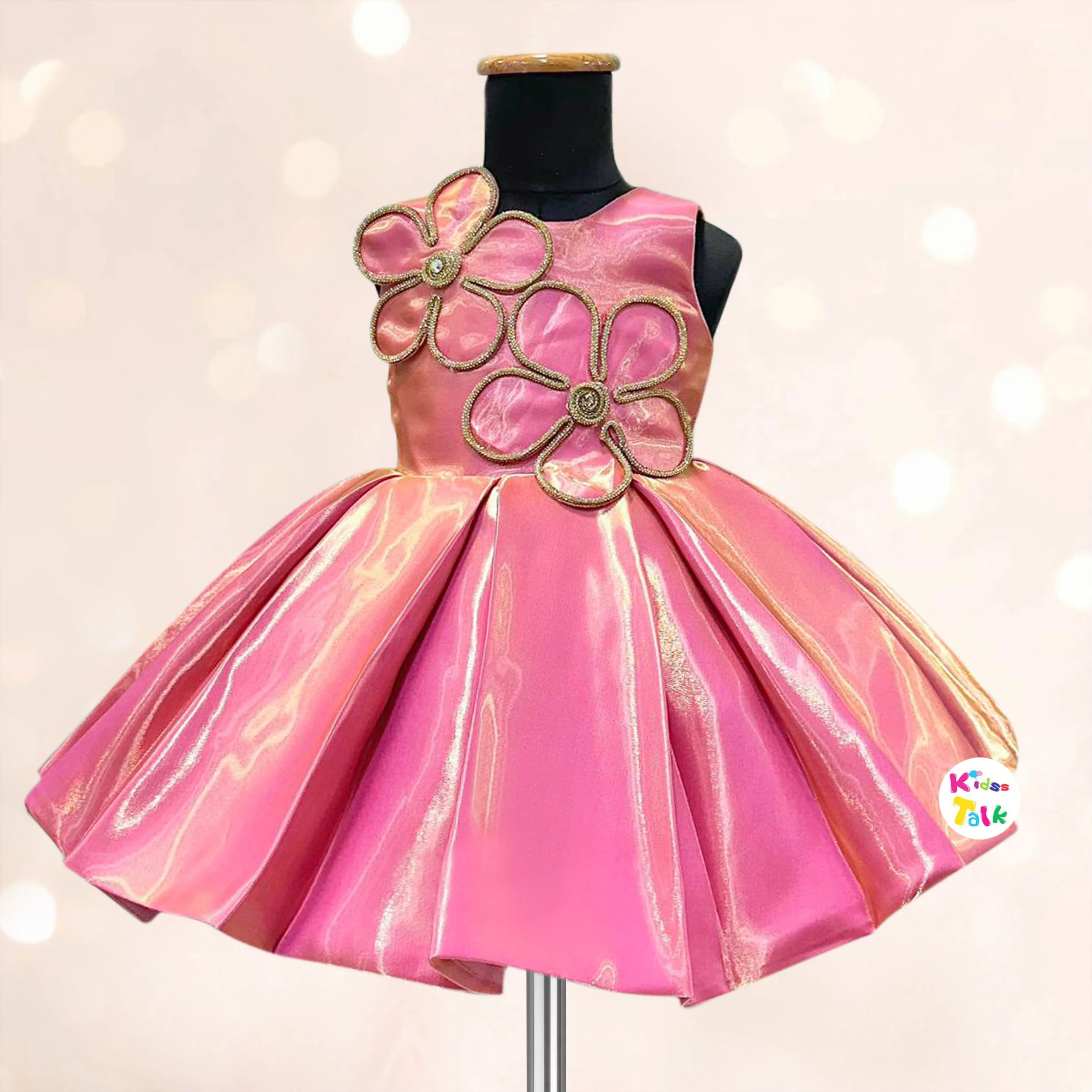 Satin Sleeveless Party Frock With Flower Applique - Orange