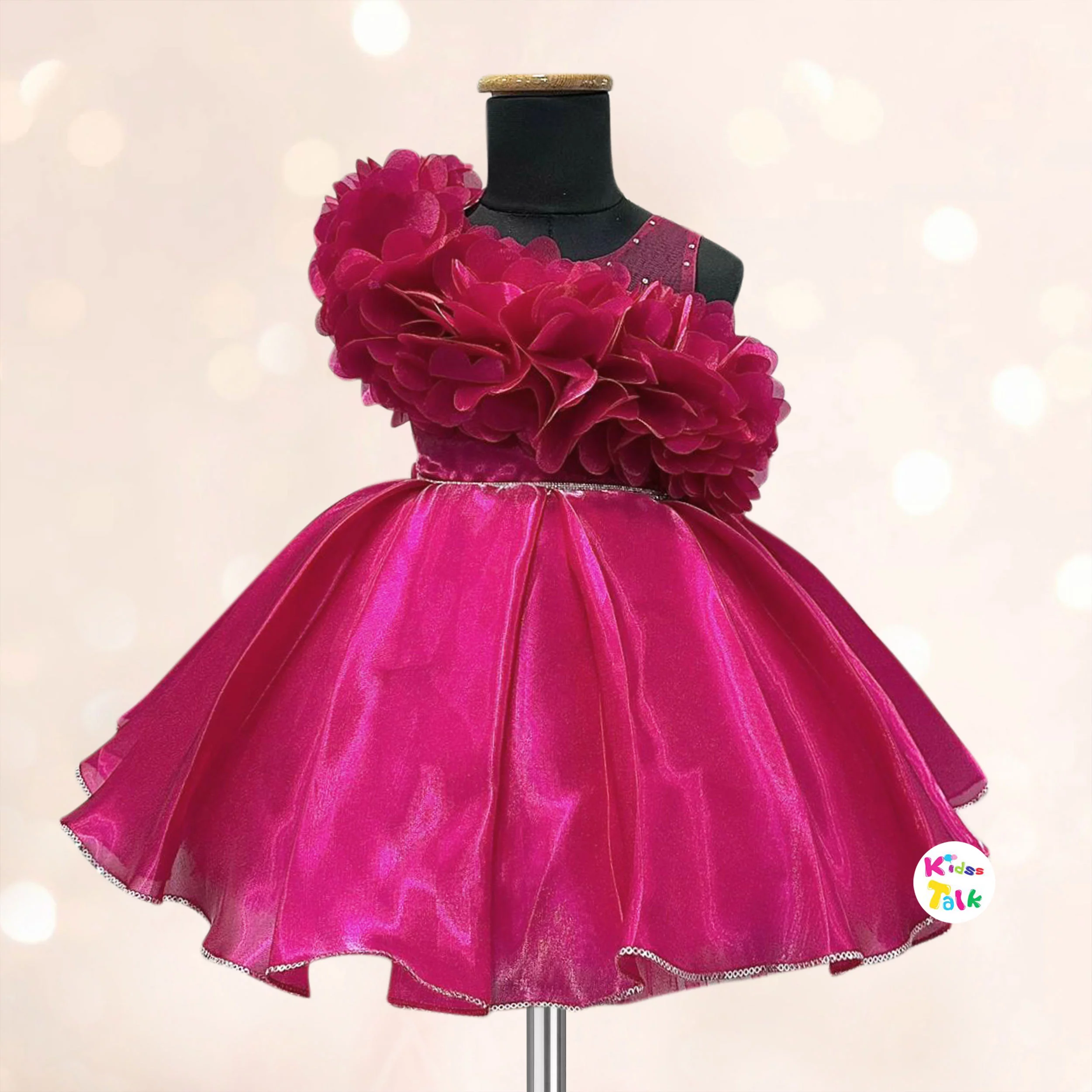 Satin Sleeveless Party Frock With Flower Applique - Hot Pink