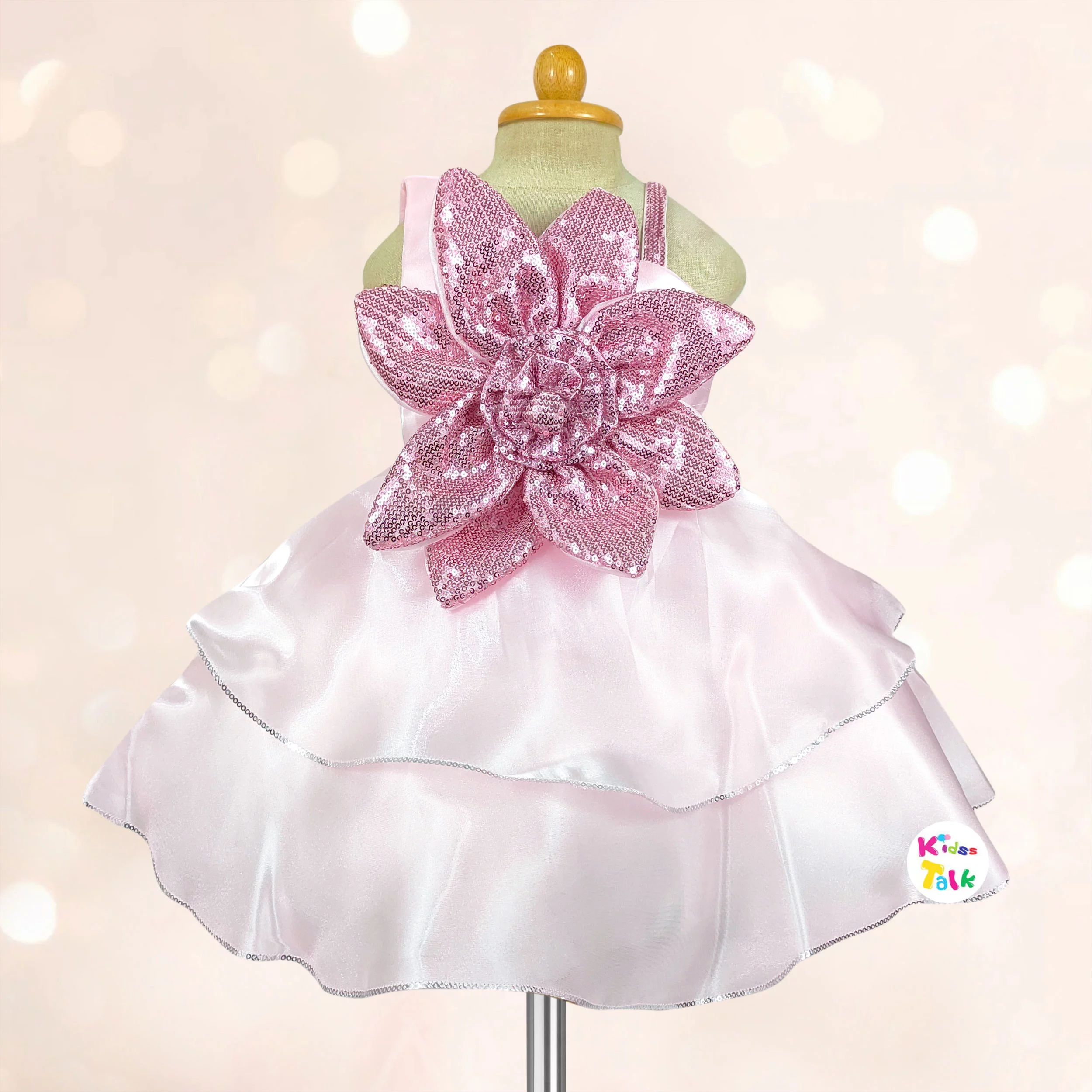 Satin Sleeveless Party Frock With Flower Applique - Baby Pink