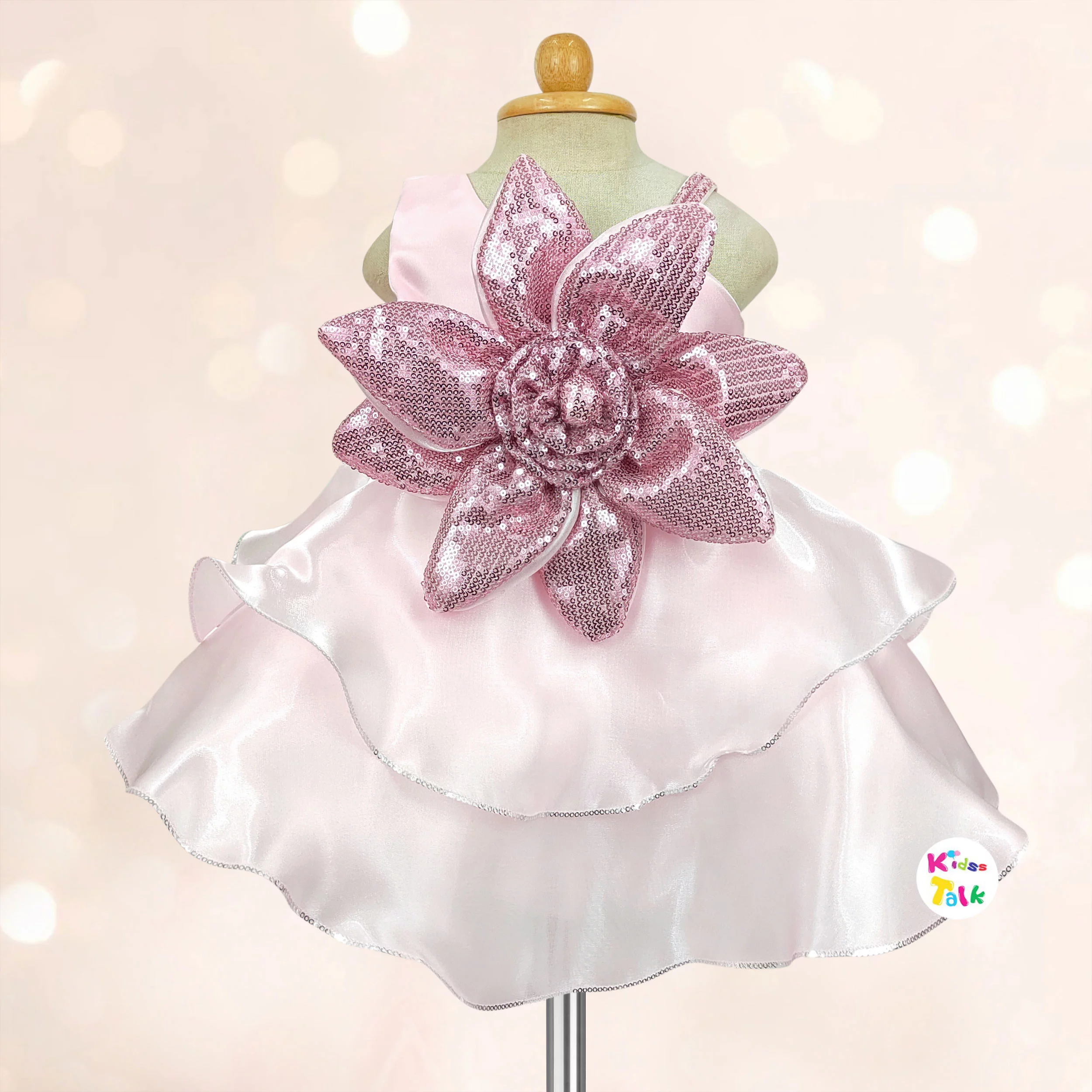 Satin Sleeveless Party Frock With Flower Applique - Baby Pink