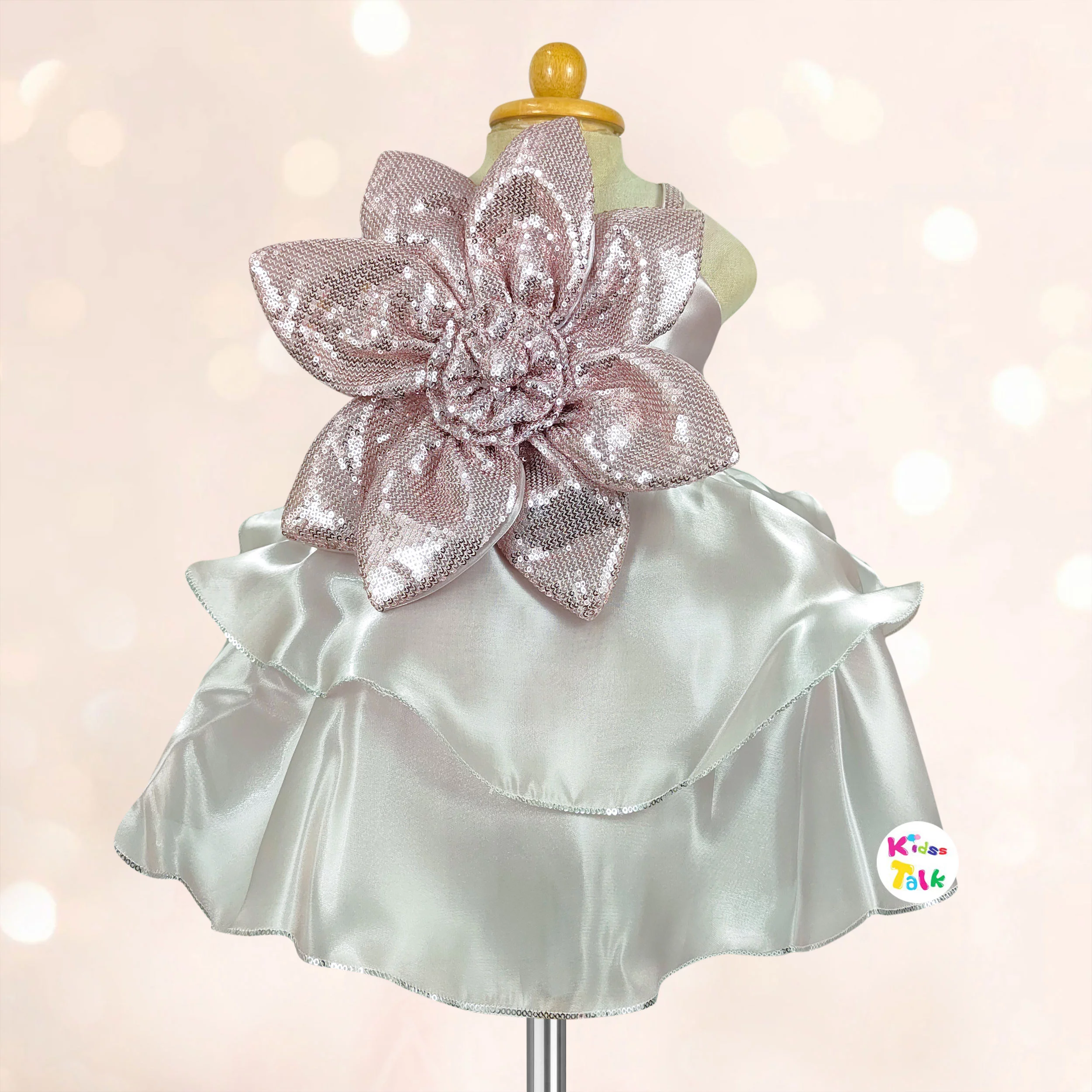 Satin Sleeveless Party Frock With Flower Applique - Onion Pink