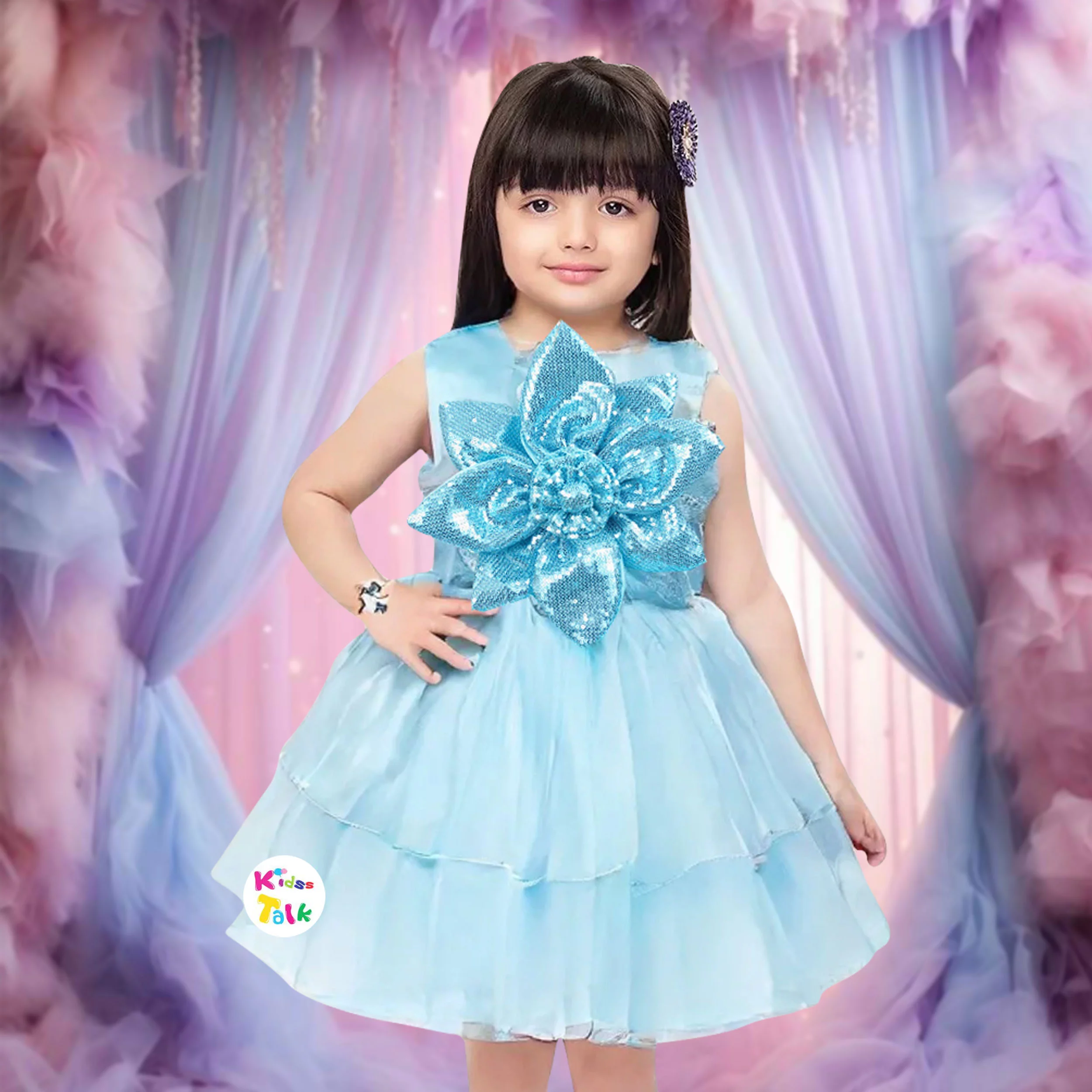Satin Sleeveless Party Frock With Flower Applique - Ice Blue
