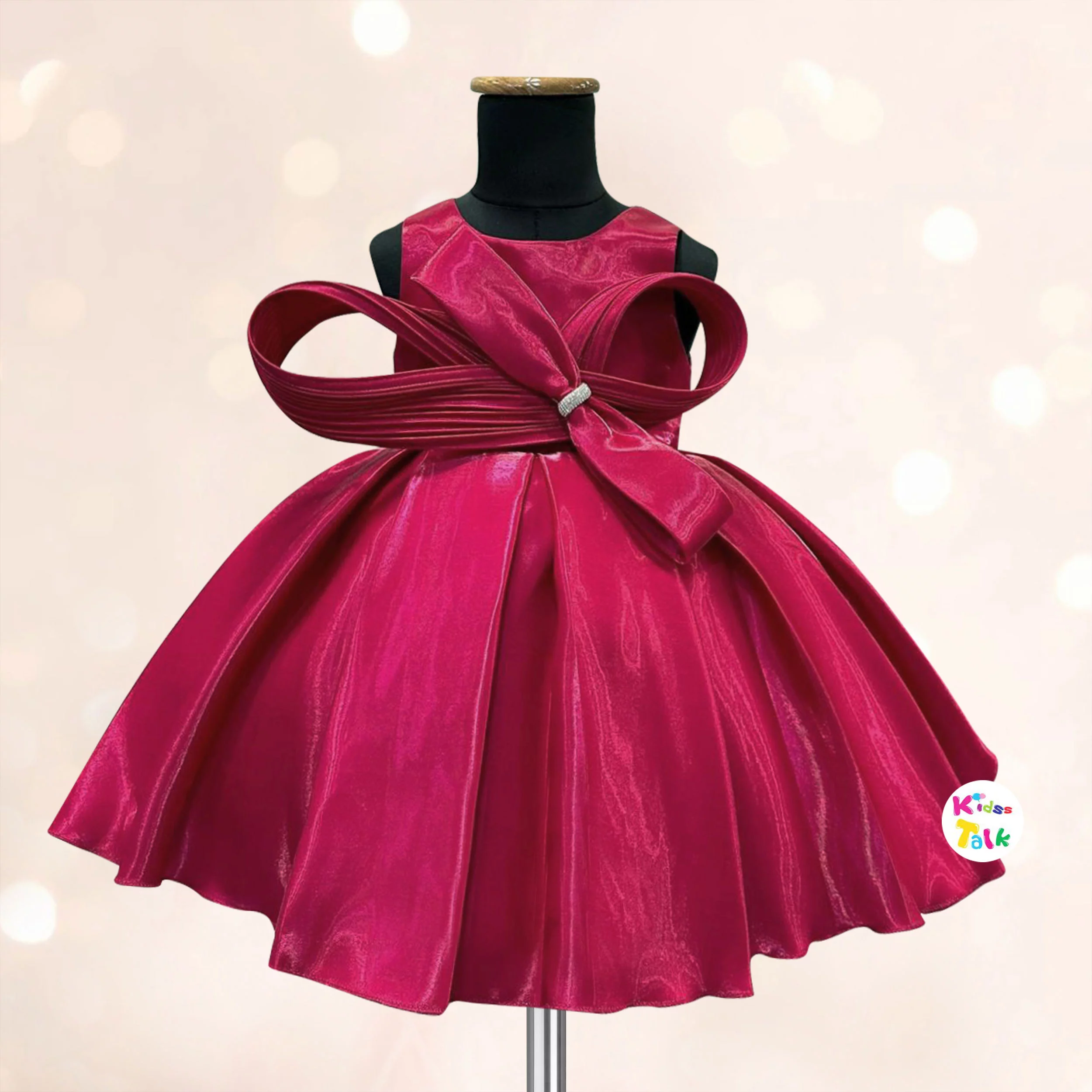 Satin Sleeveless Party Frock With Fabric Manipulation - Hot Pink