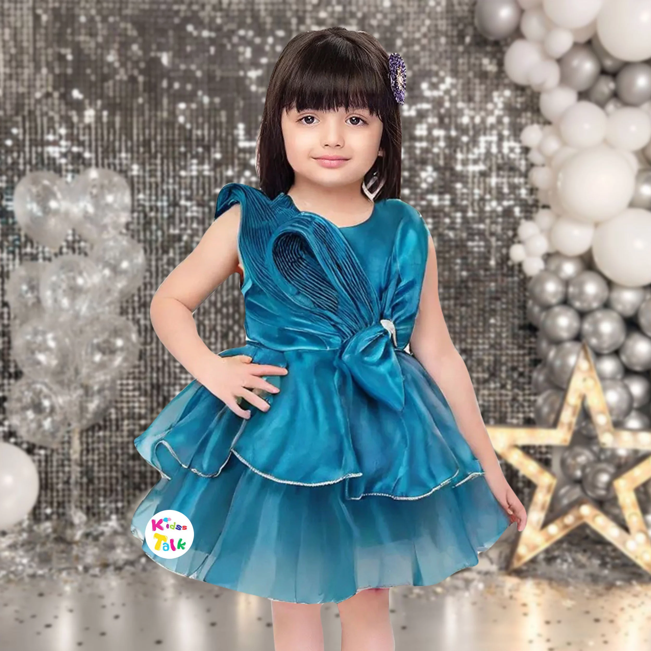Satin Sleeveless Party Frock With Bow Applique - Teal Blue