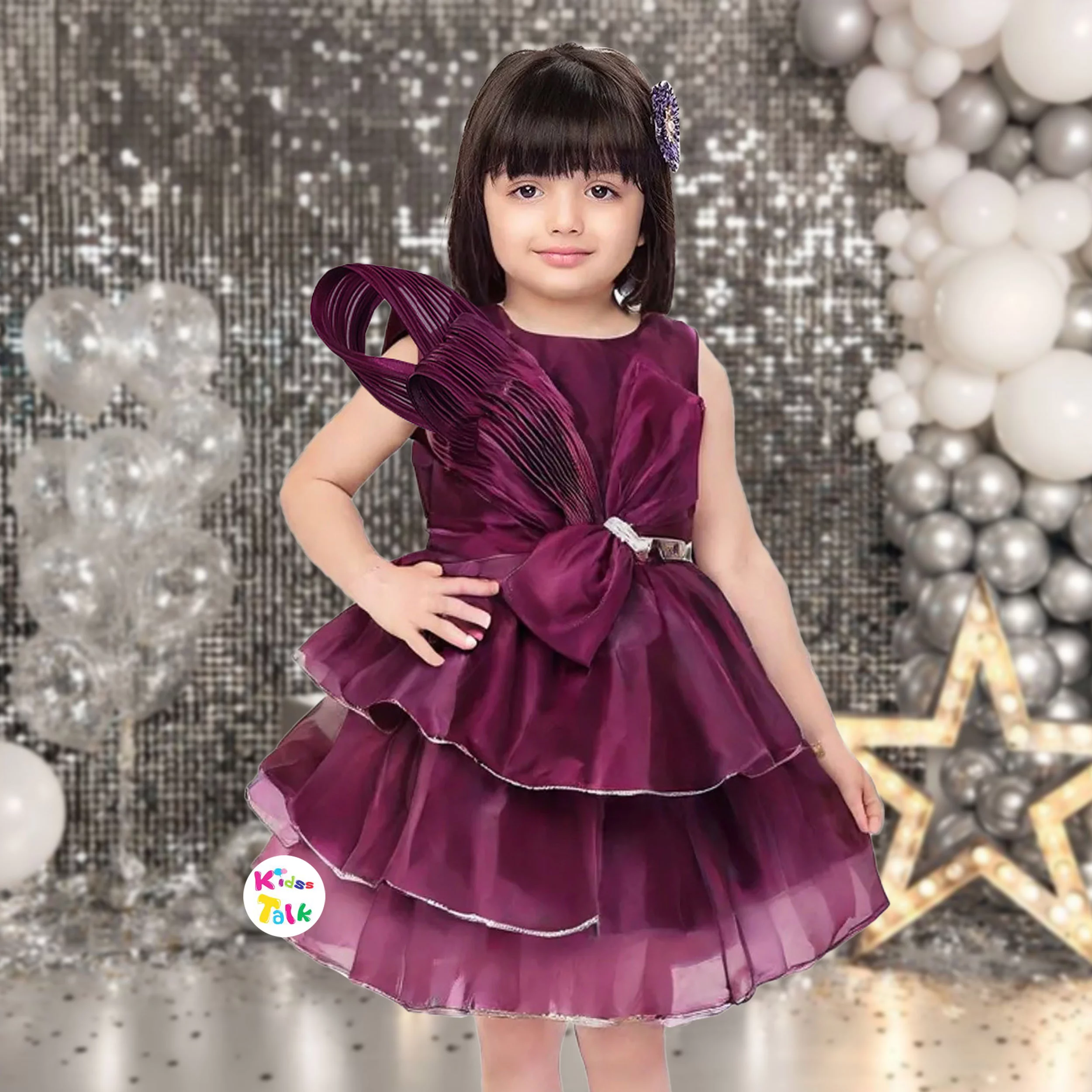 Satin Sleeveless Party Frock With Bow Applique - Wine