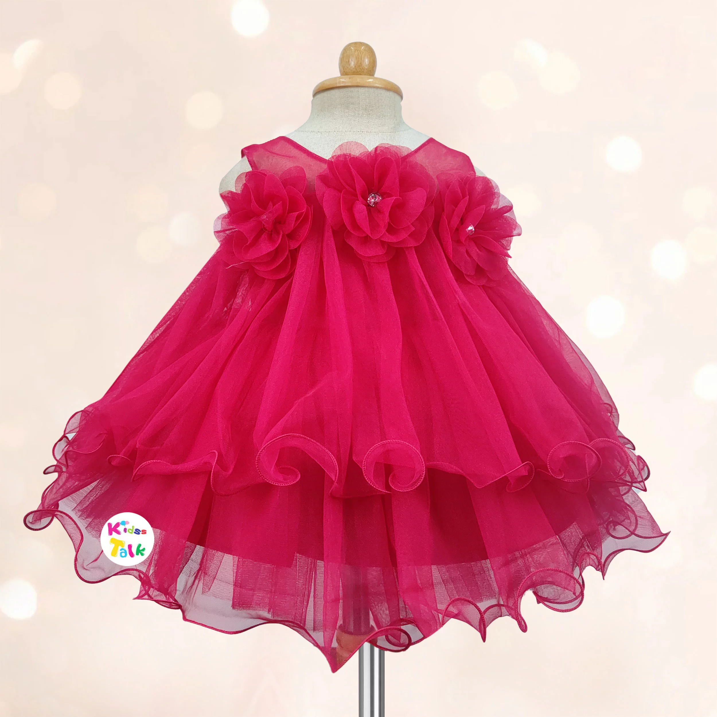 Net Sleeveless Party Frock With Flower Applique - Hot Pink