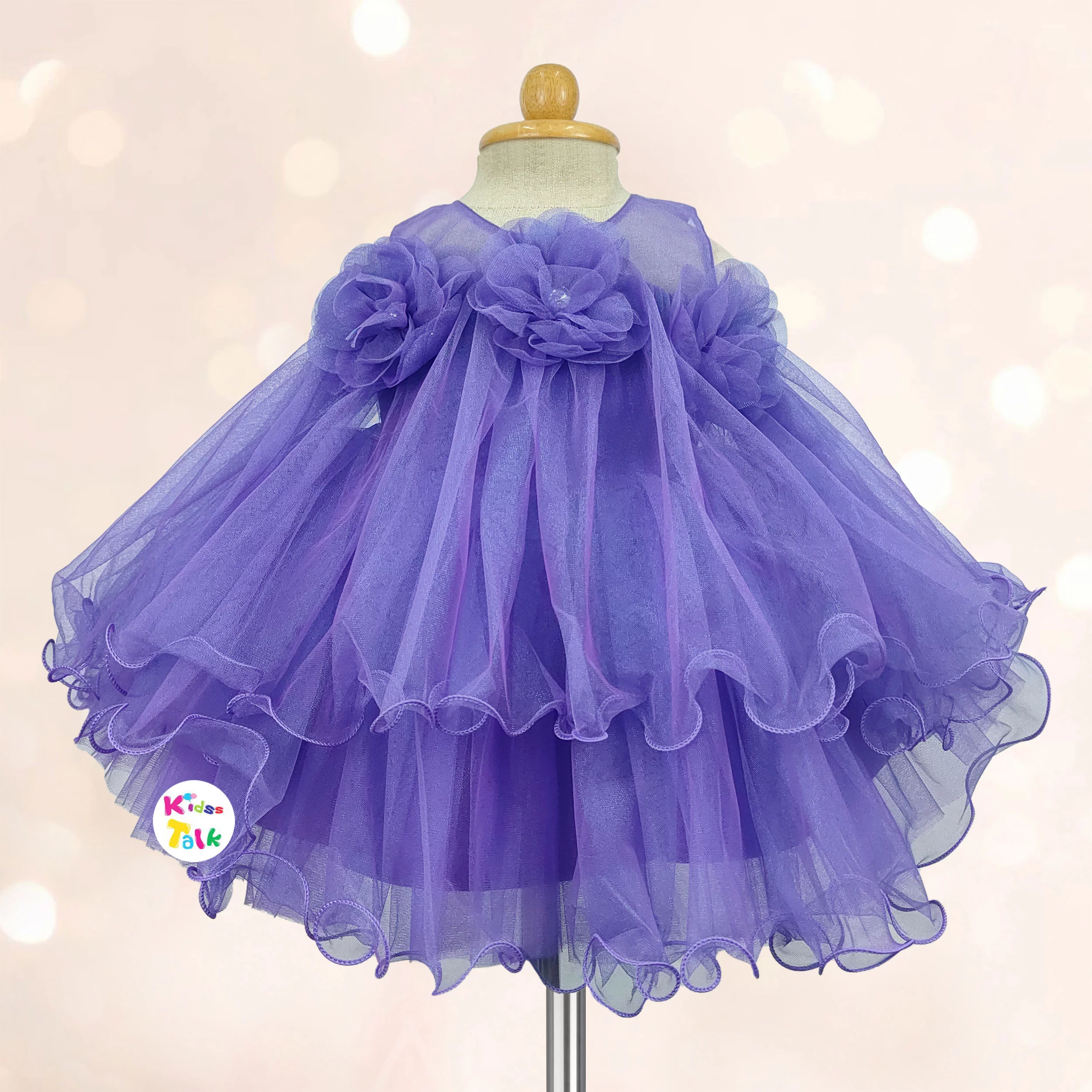 Net Sleeveless Party Frock With Flower Applique - Lavender