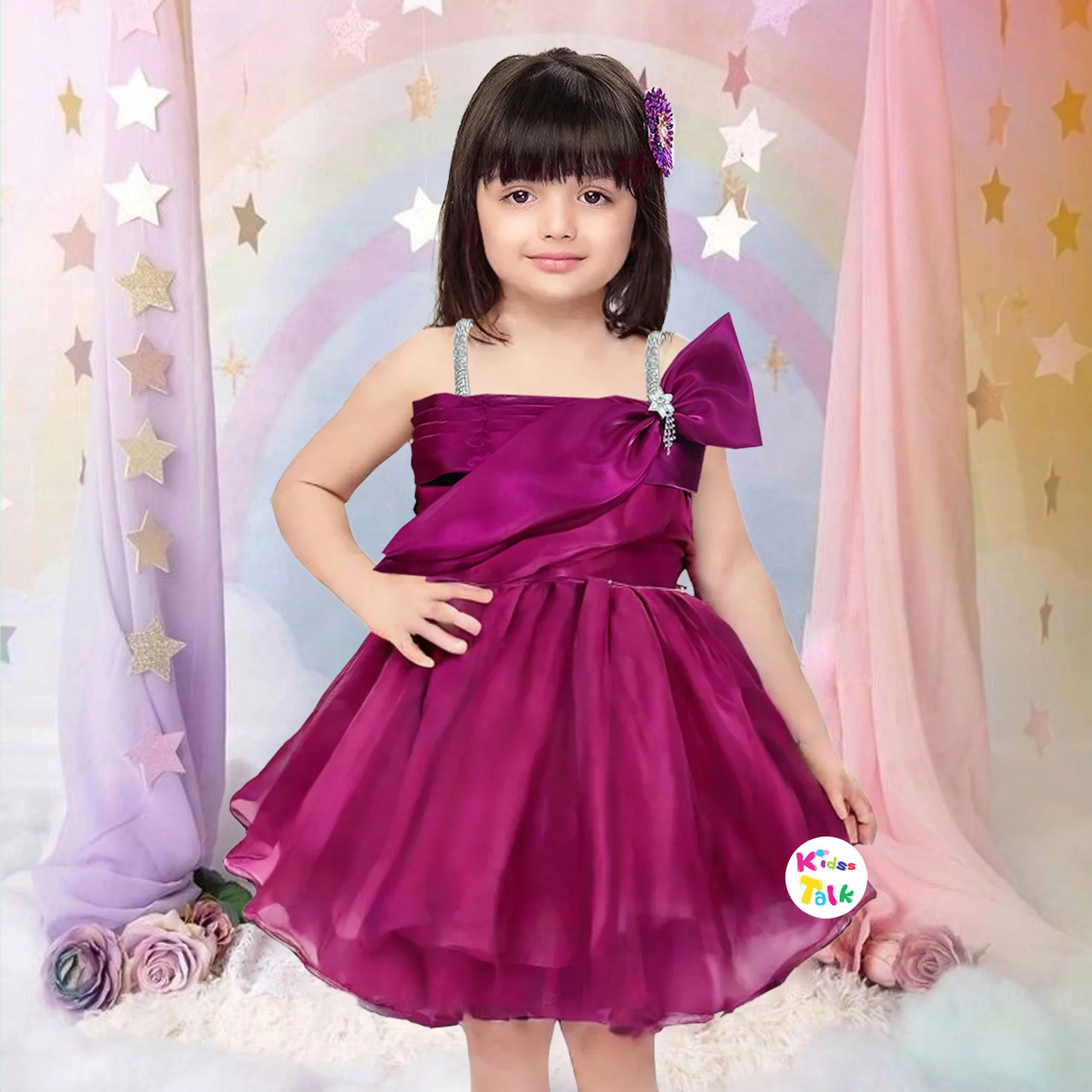 Satin Sleeveless Party Frock With Bow Applique - Wine