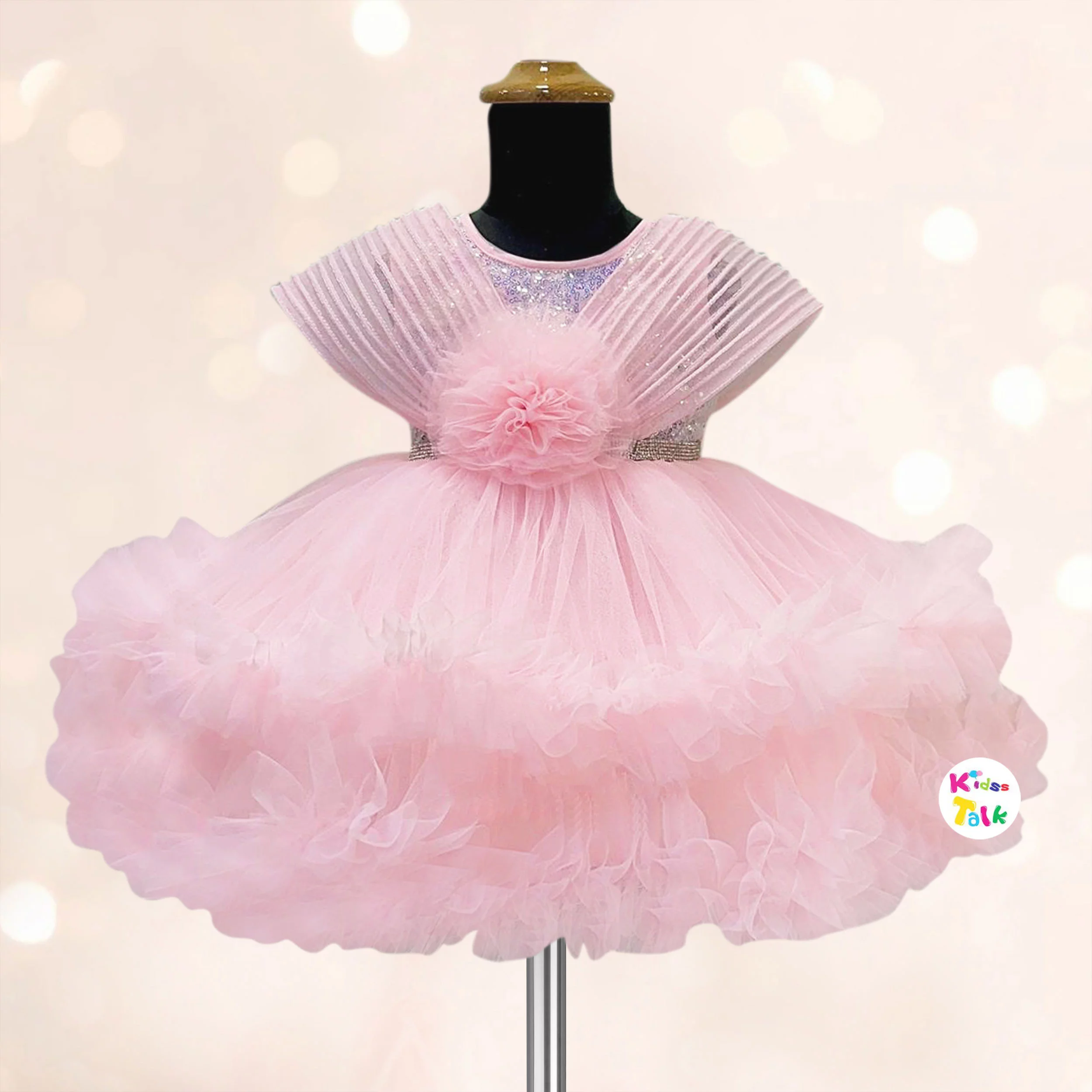 Net Sleeveless Party Frock With Sequins Work - Peach