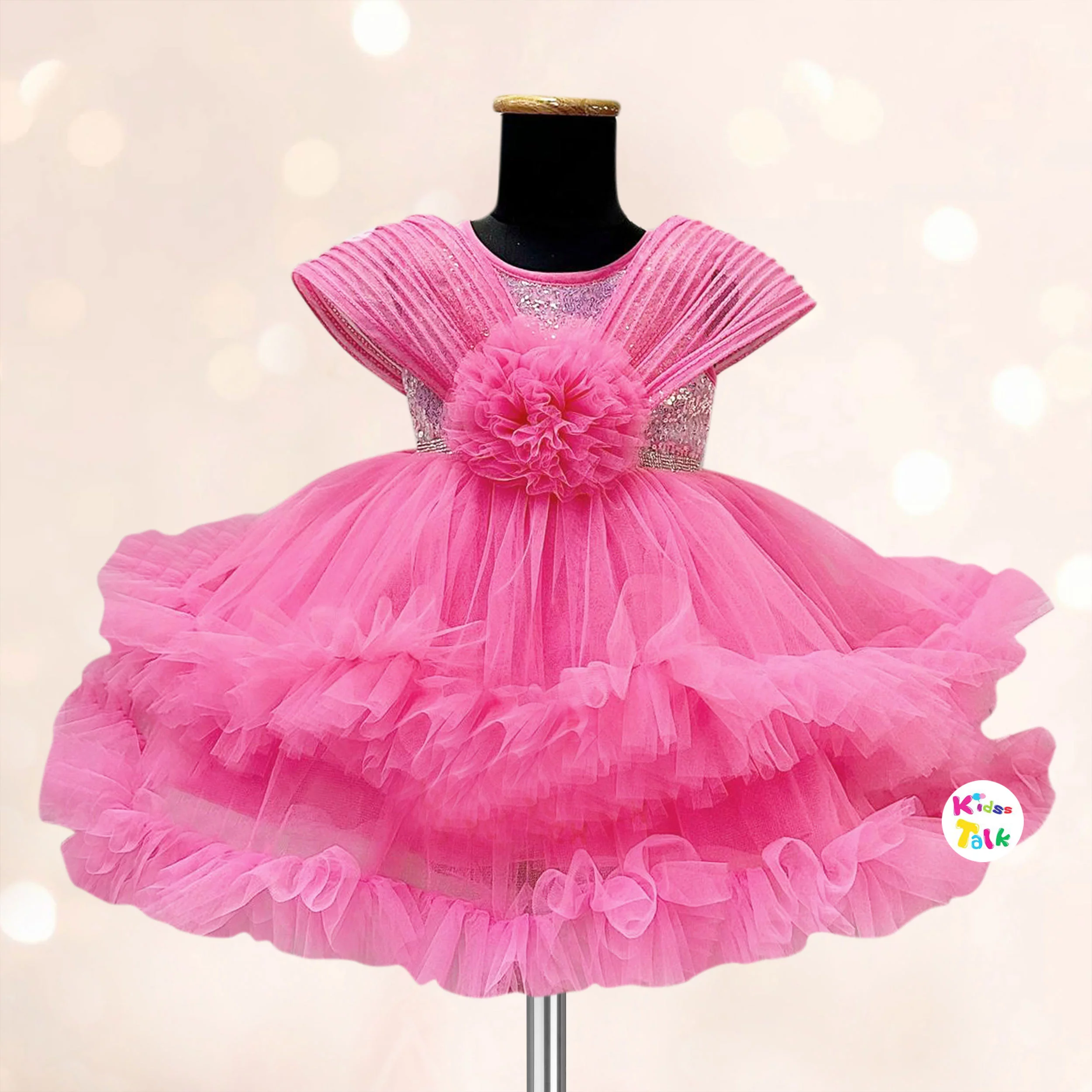 Net Sleeveless Party Frock With Sequins Work - Tomato Red