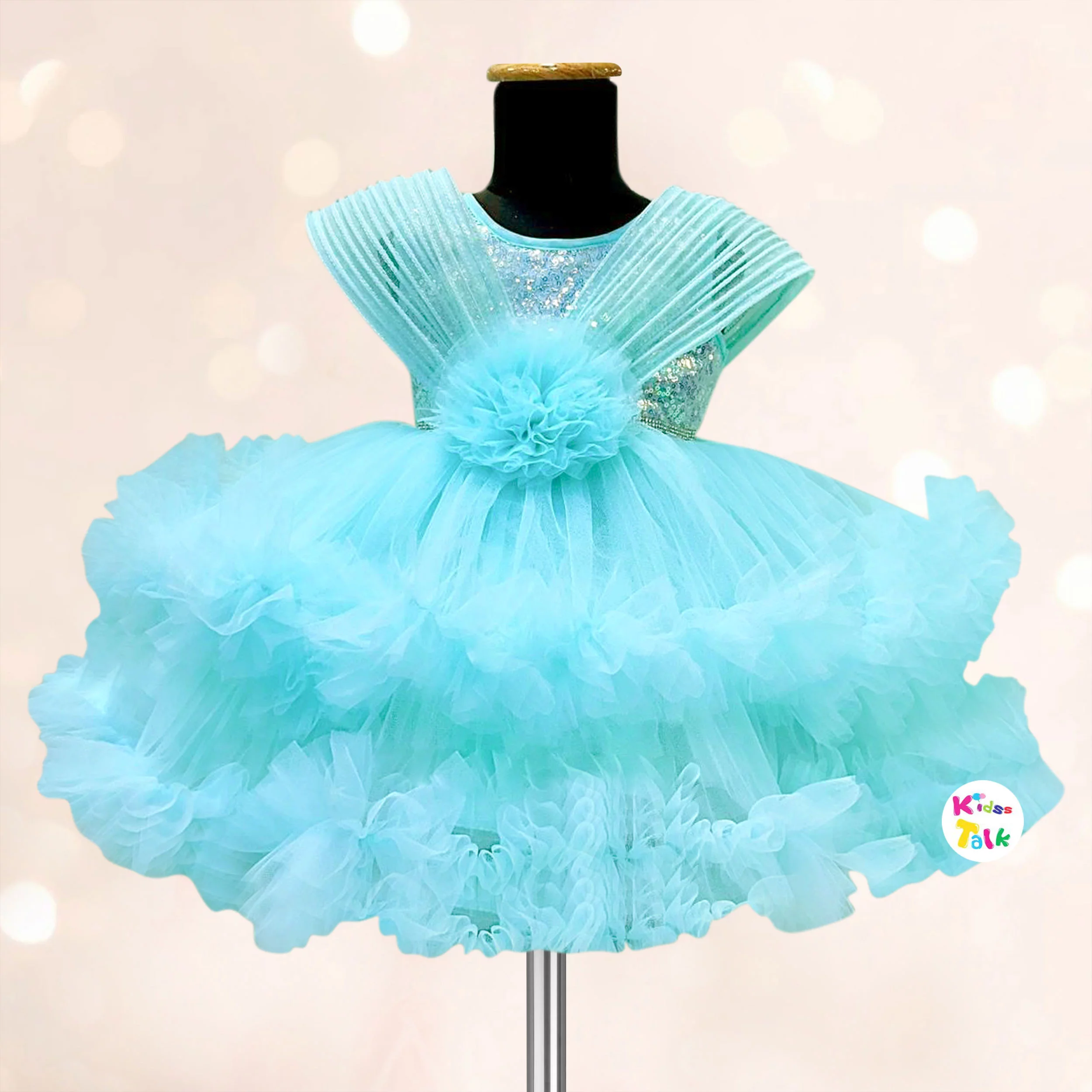 Net Sleeveless Party Frock With Sequins Work - Turquoise