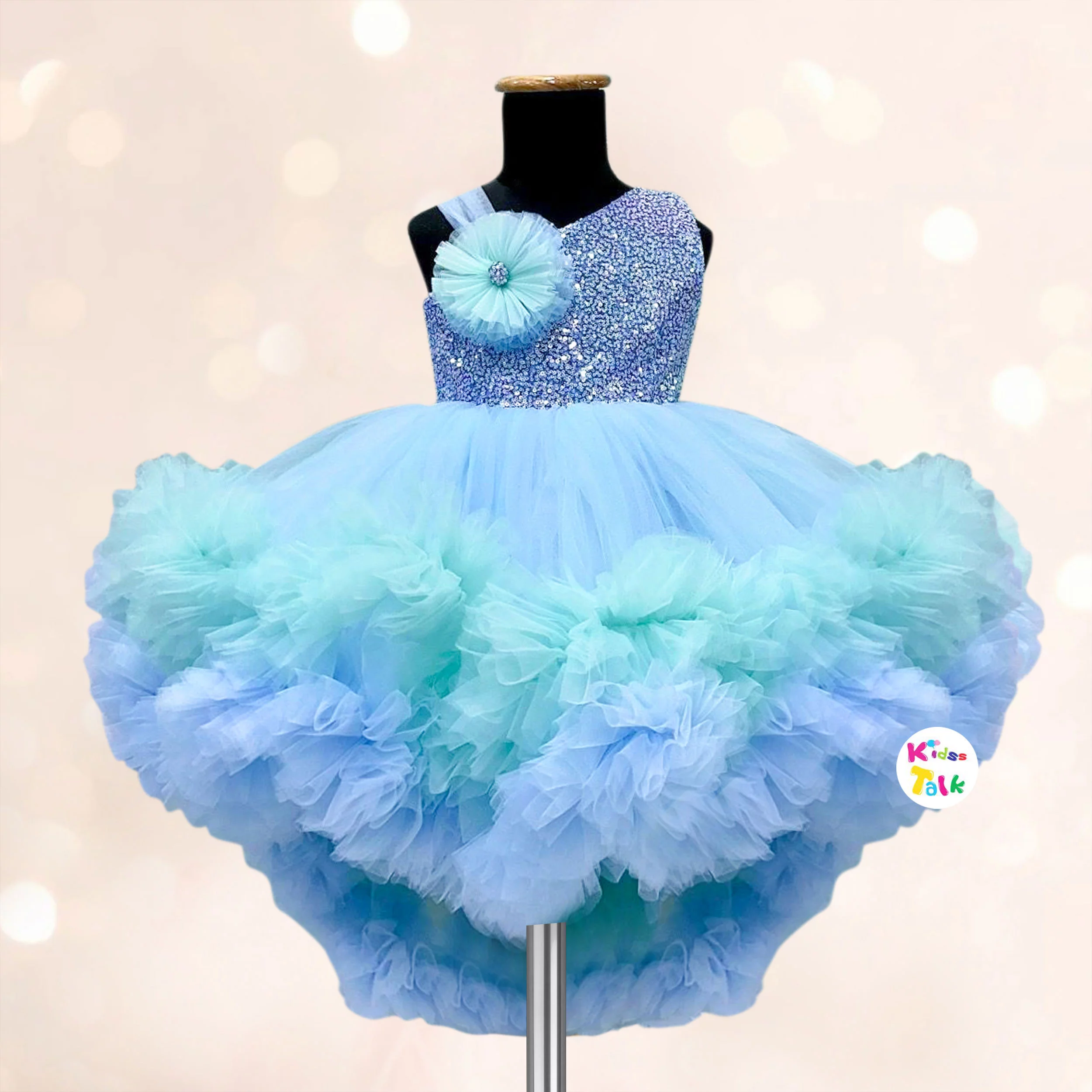 Net Sleeveless High & Low Party Frock With Sequins Work - Ice Blue