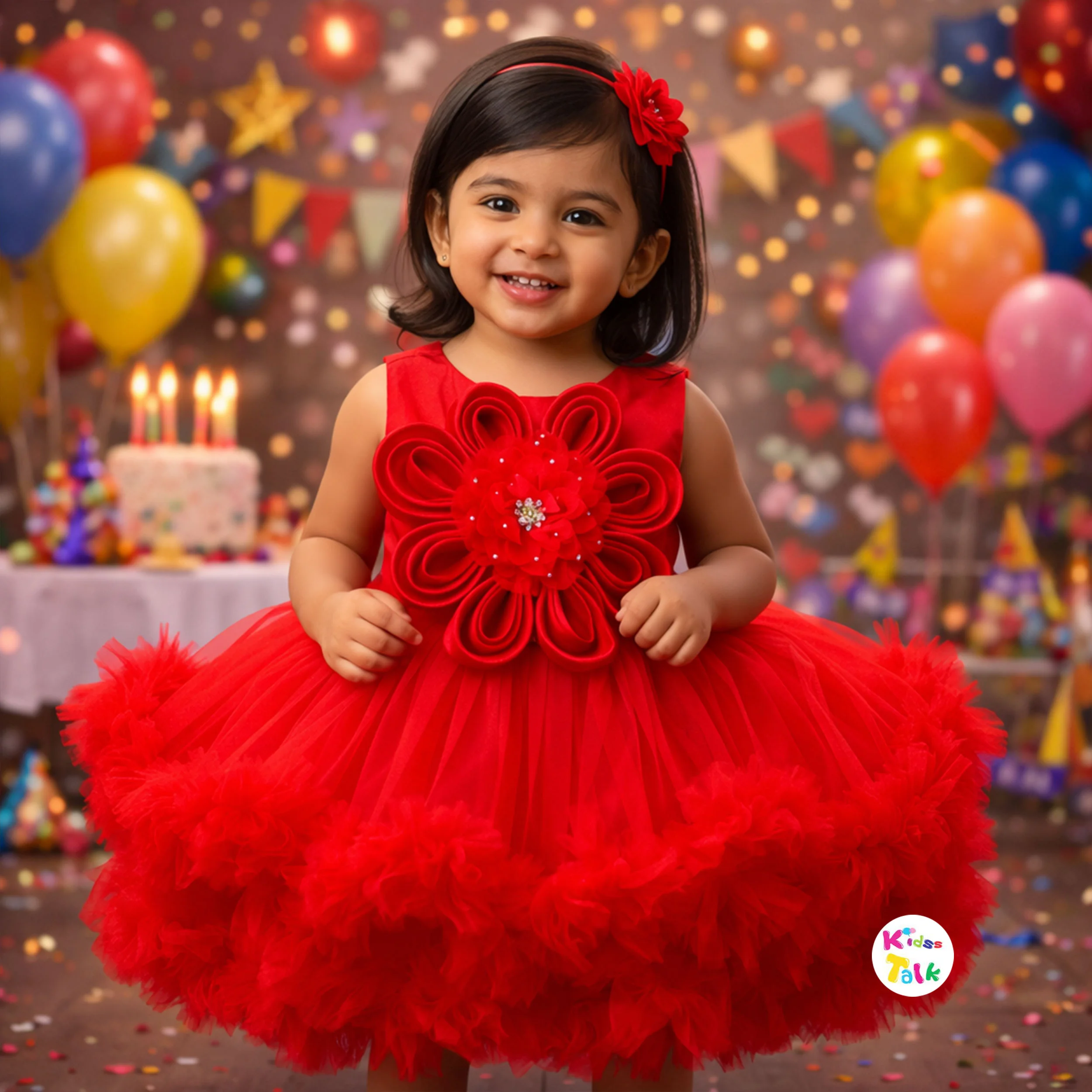 Satin Sleeveless Party Frock With Flower Applique - Red