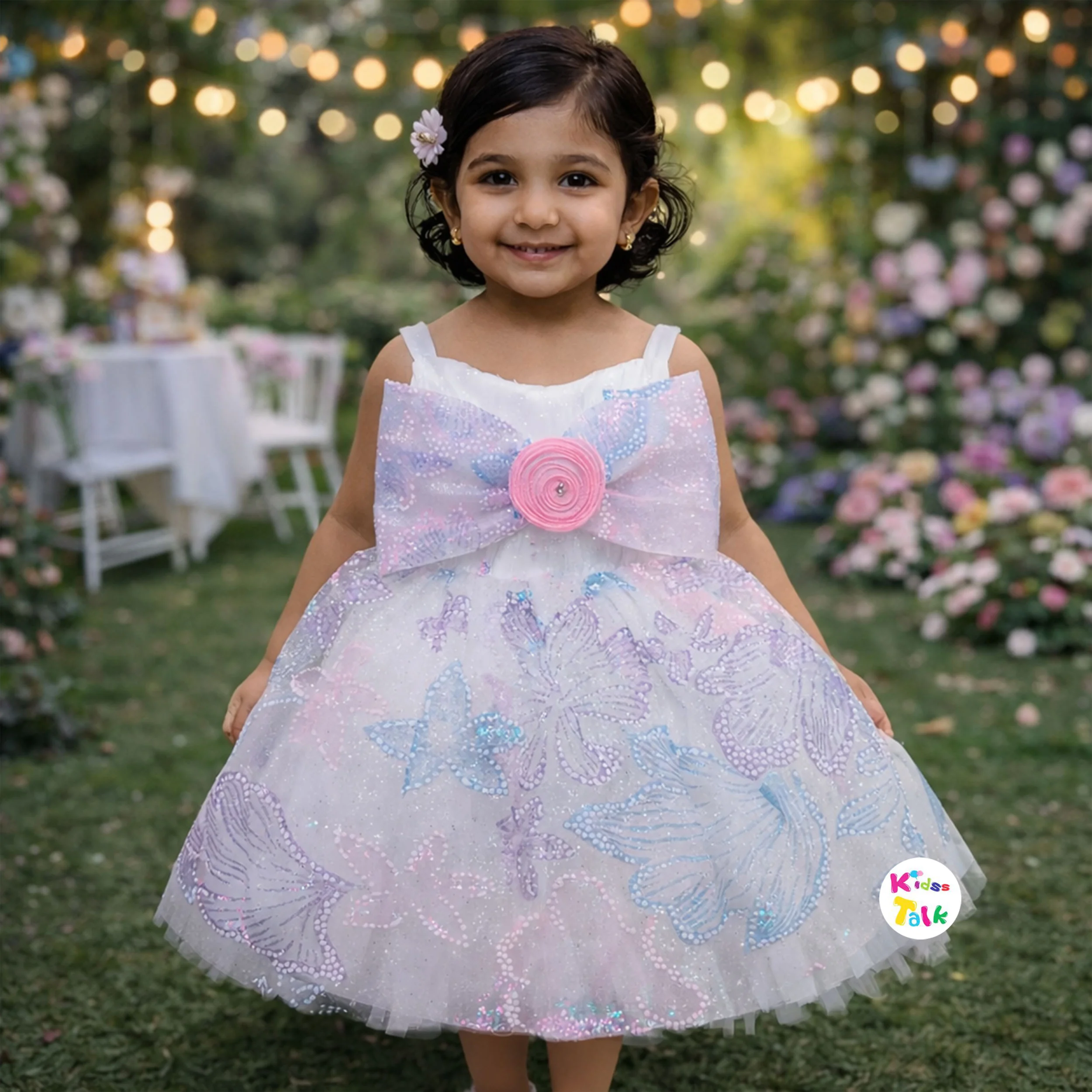 Net Sleeveless Party Frock With Bow Applique - White