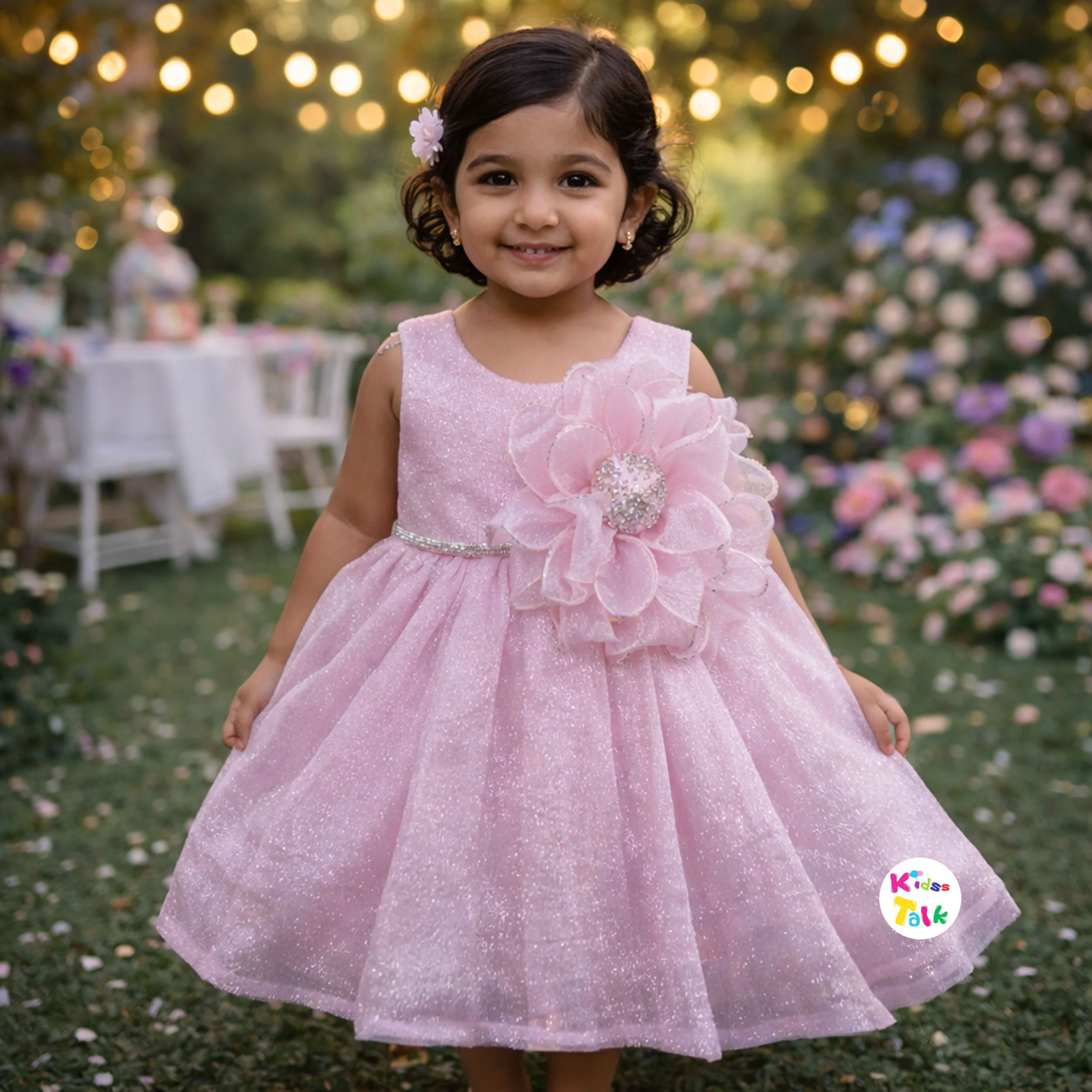Shimmer Sleeveless Party Frock With Flower Applique - Baby Pink