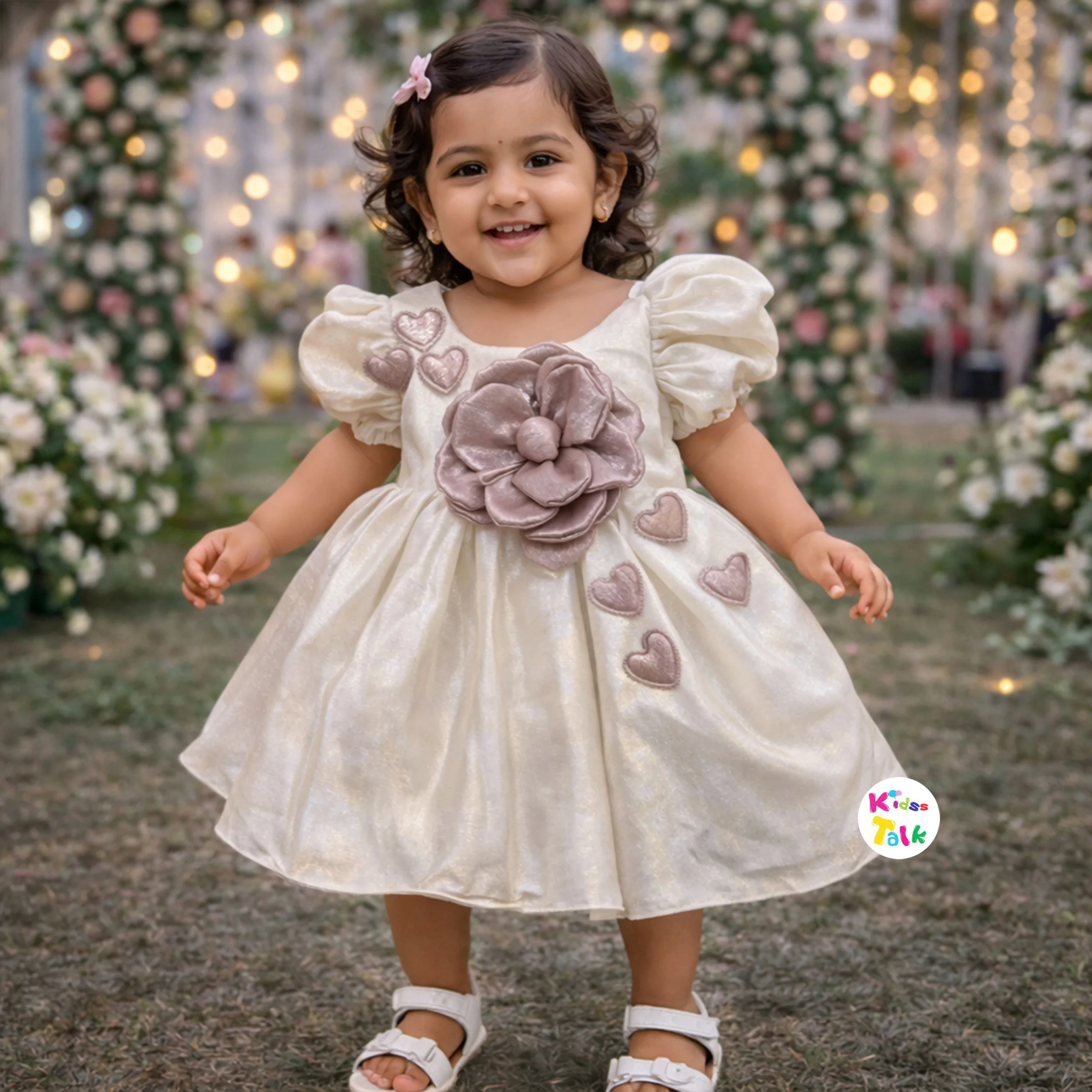 Shimmer Half Sleeve Party Frock With Flower Applique - Beige