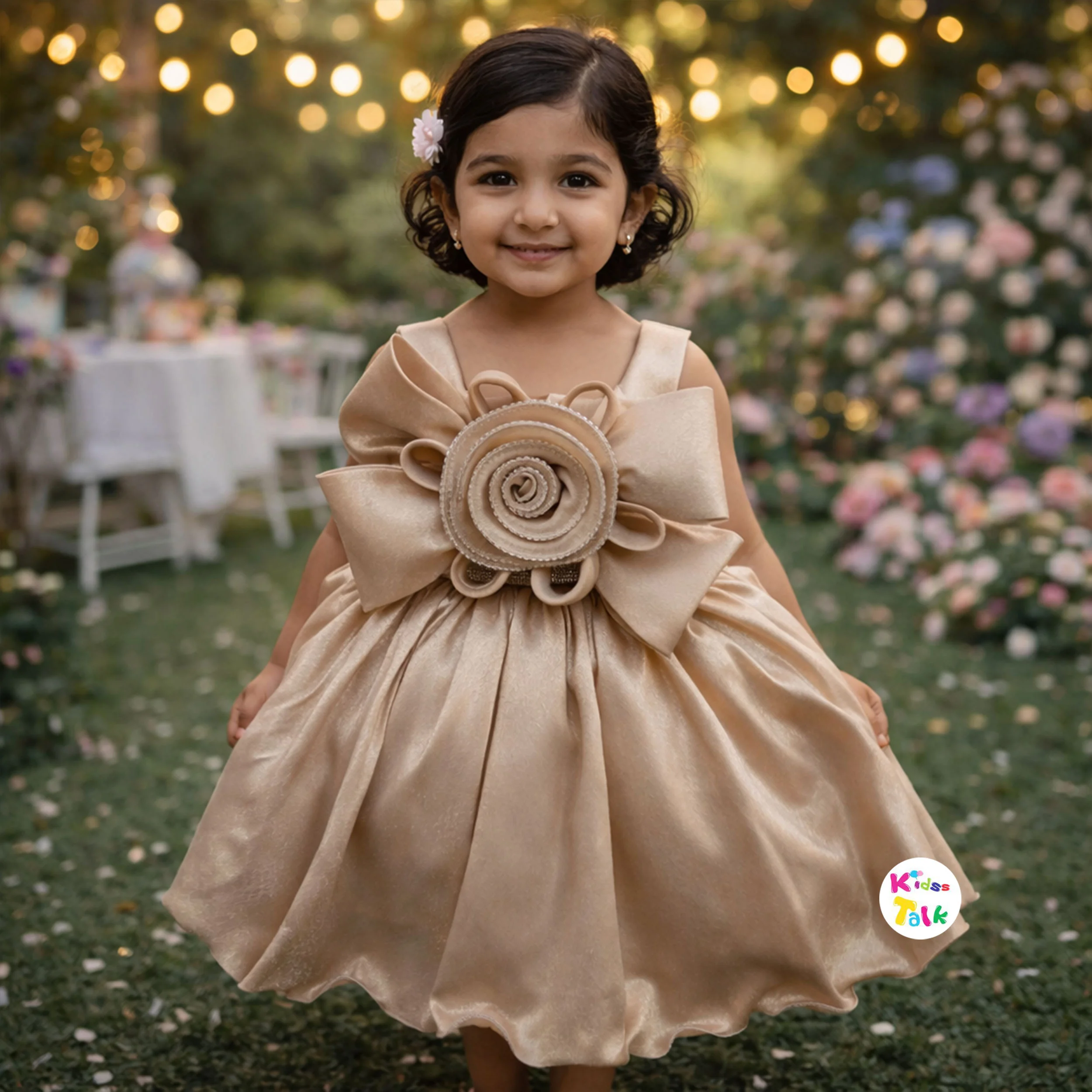 Shimmer Sleeveless Party Frock With Flower Applique - Beige