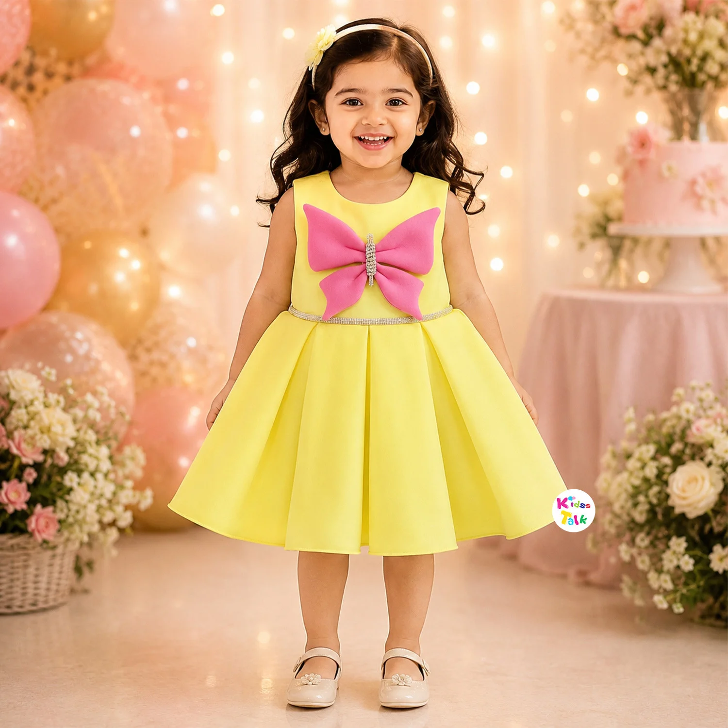 Scuba Sleeveless Frock With Cute All Over Print & Bow - Lemon Yellow