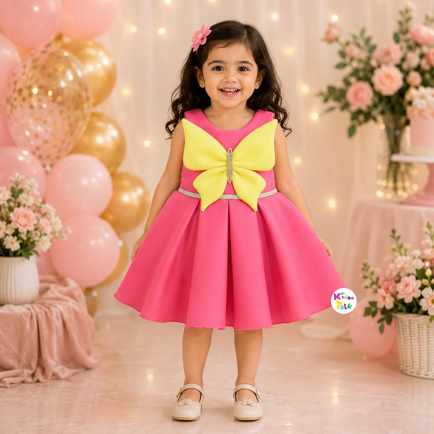 Scuba Sleeveless Frock With Cute All Over Print & Bow - Tomato Red